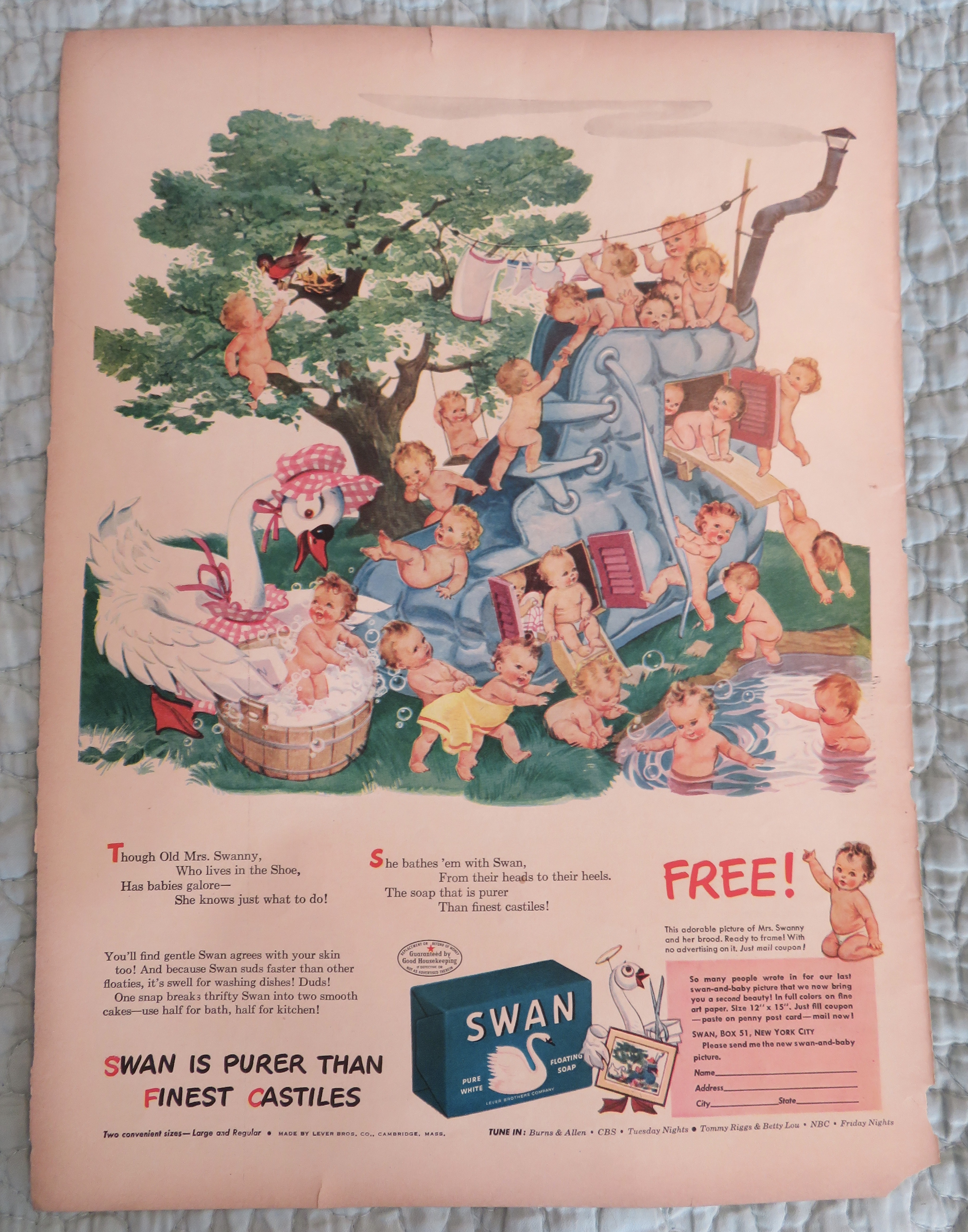 1943 Swan Soap with Babies Playing On A Blue Shoe