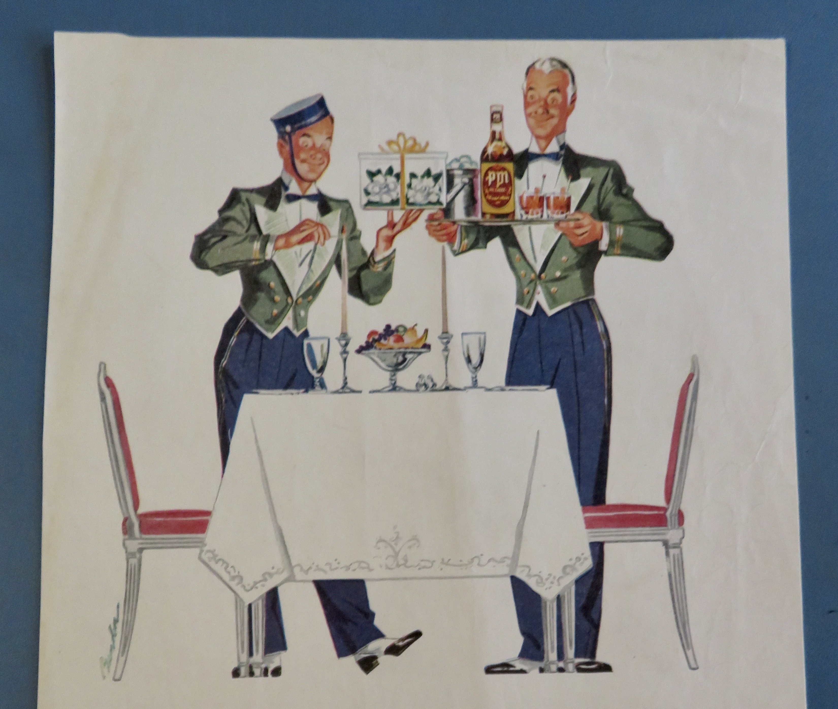 1950's PM Whiskey with 2 Bellboys Setting A Table