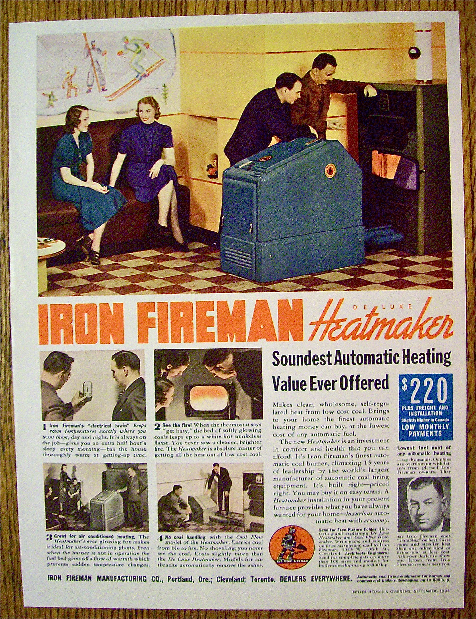 1938 Iron Fireman Heating with Men Looking At Heater