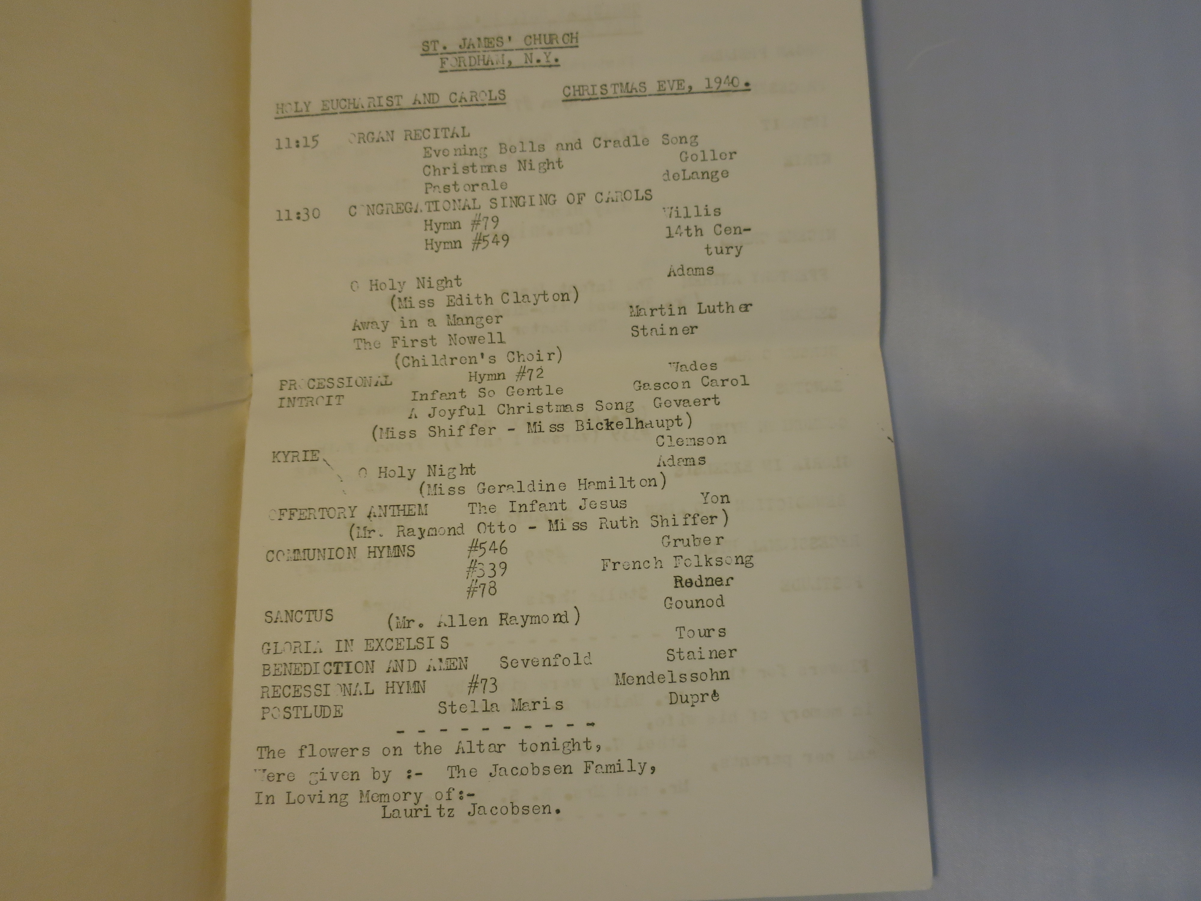 St. James Church Bulletin Christmas Eve 1940 New York