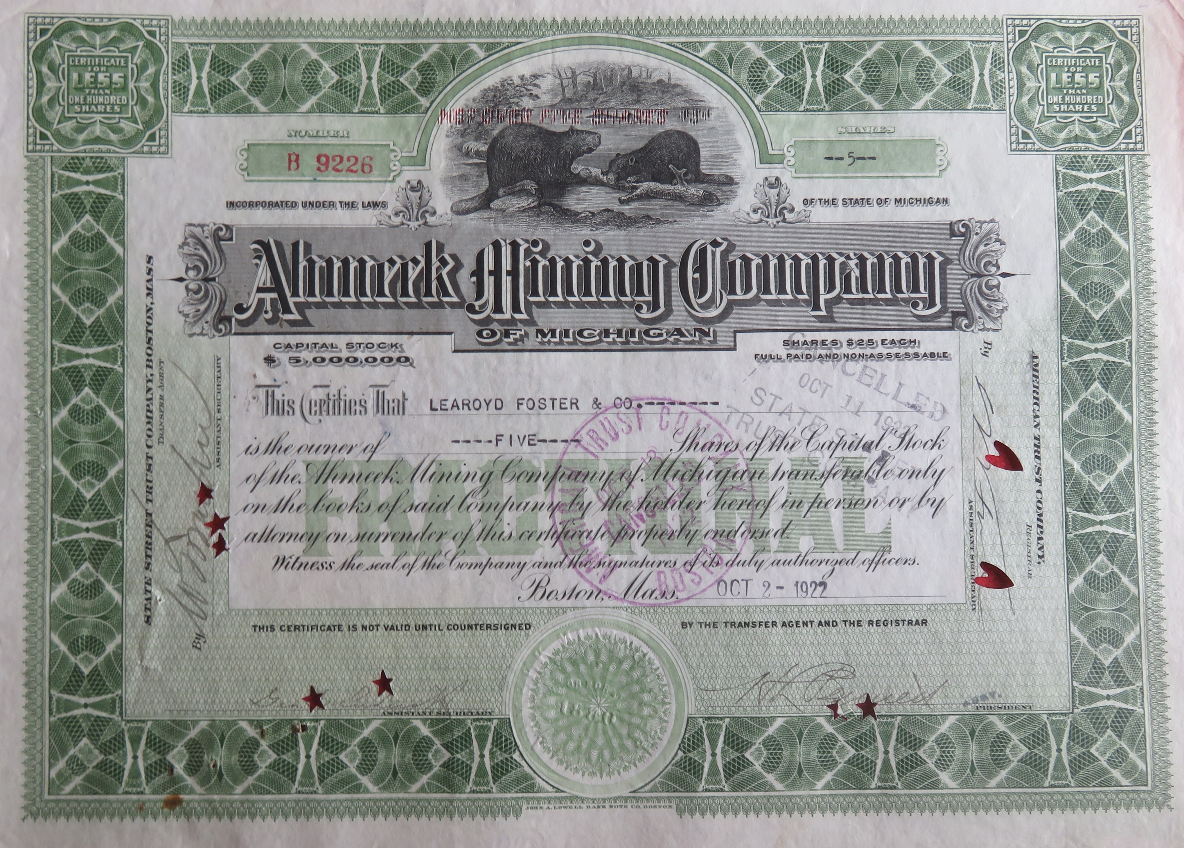 1922 Ahmeek Mining Company Of Michigan Stock