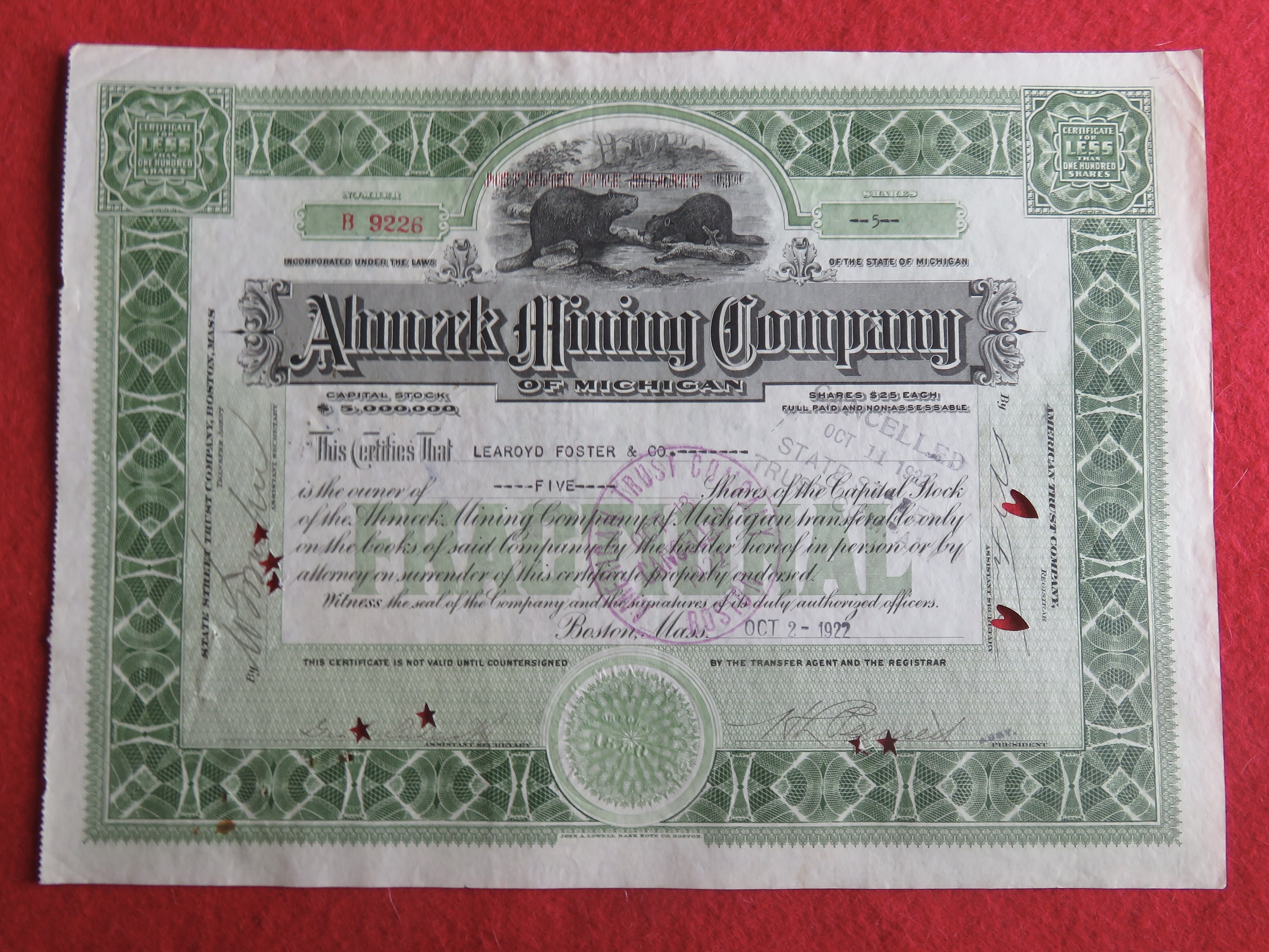 1922 Ahmeek Mining Company Of Michigan Stock