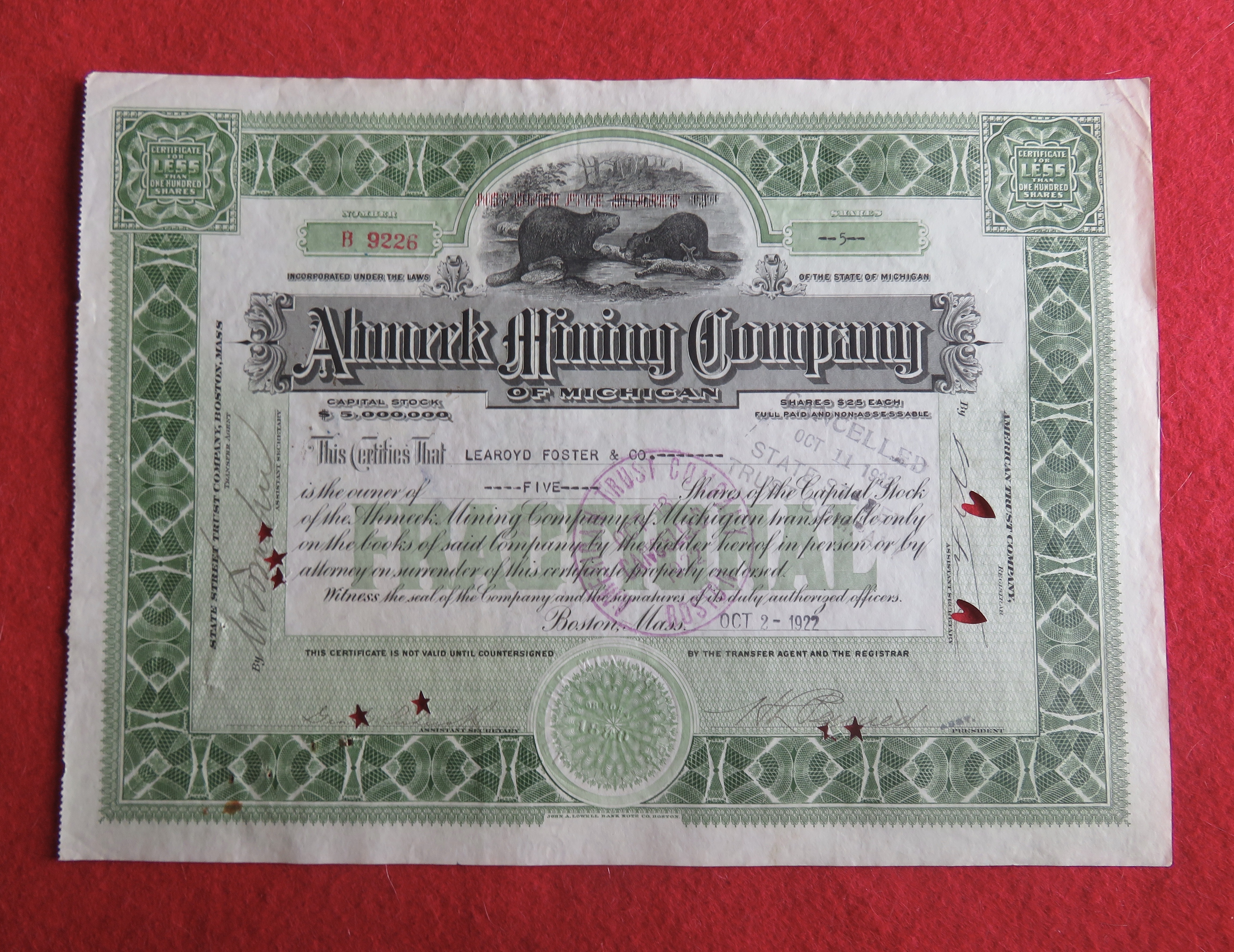 1922 Ahmeek Mining Company Of Michigan Stock