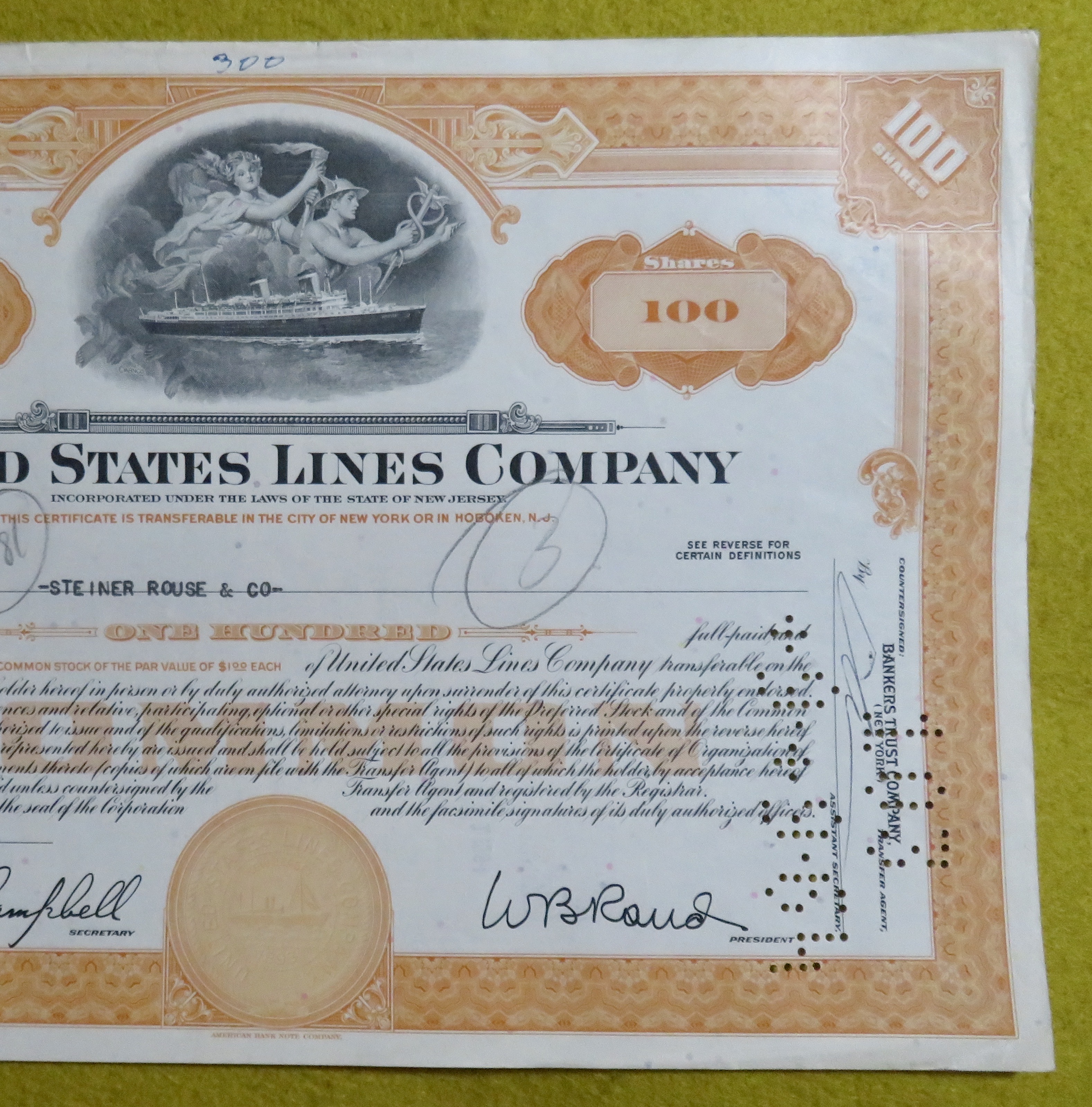 Stock Certificate July 29, 1964 U. S. Lines Company
