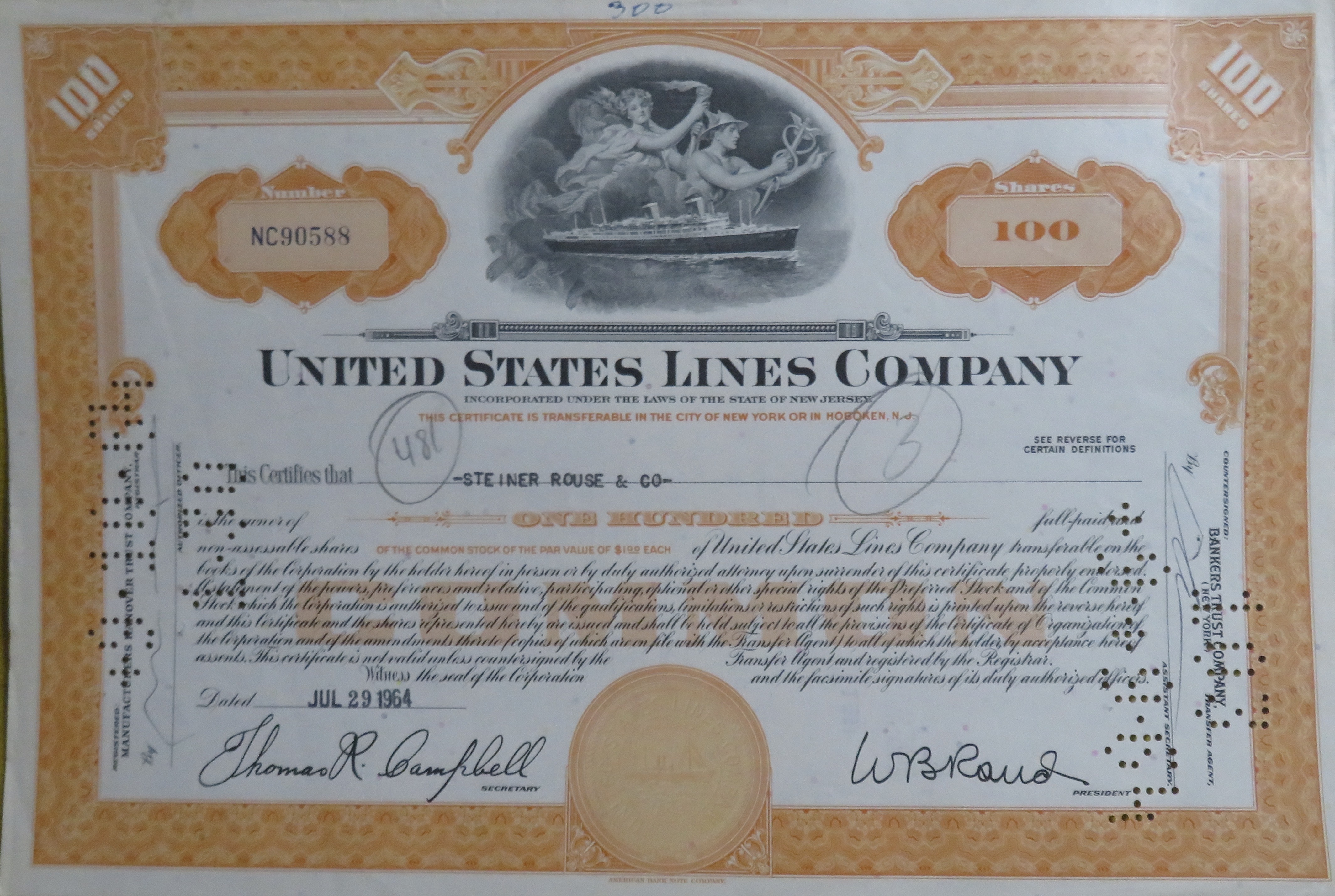 Stock Certificate July 29, 1964 U. S. Lines Company