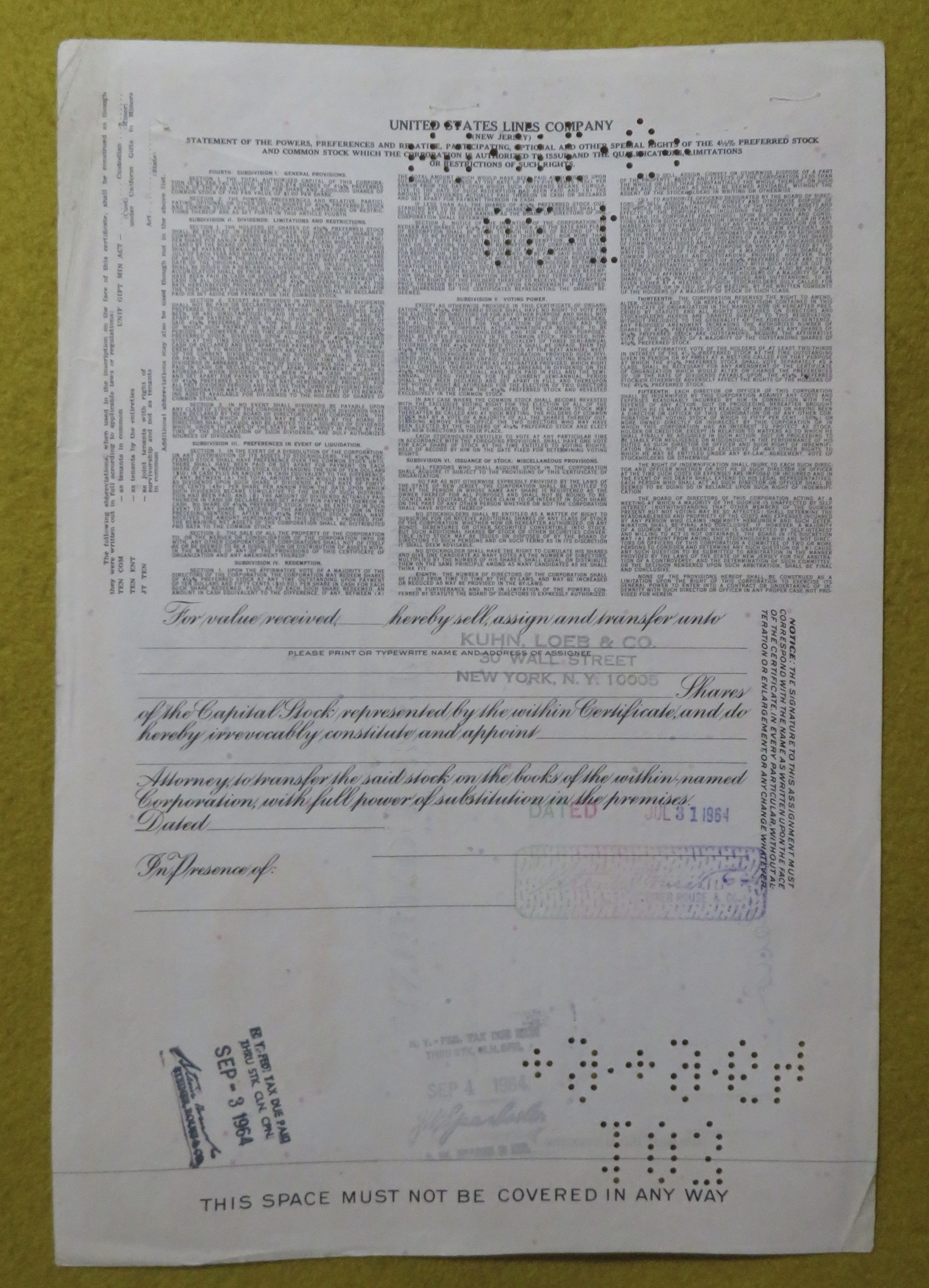 Stock Certificate July 29, 1964 U. S. Lines Company