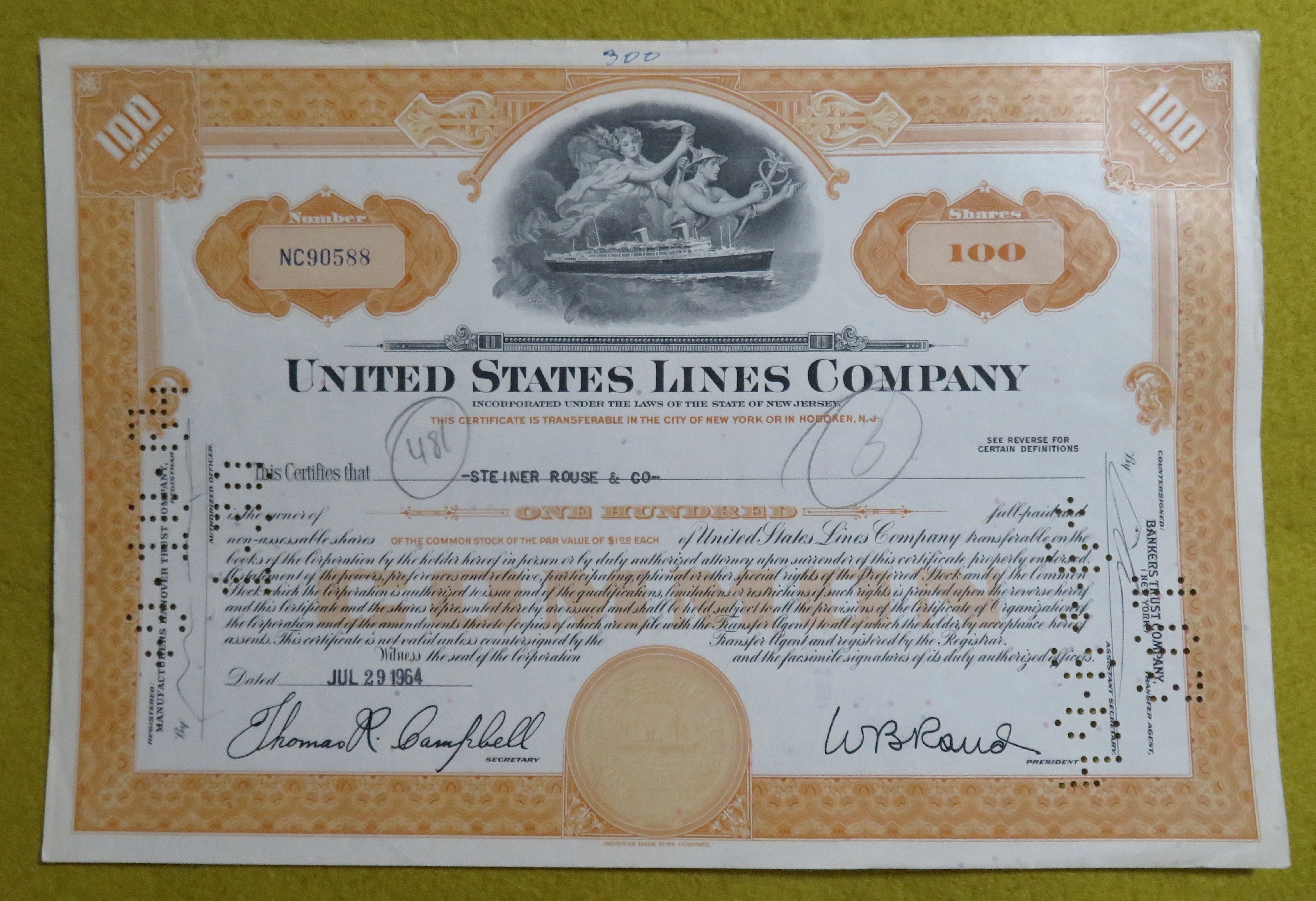 Stock Certificate July 29, 1964 U. S. Lines Company