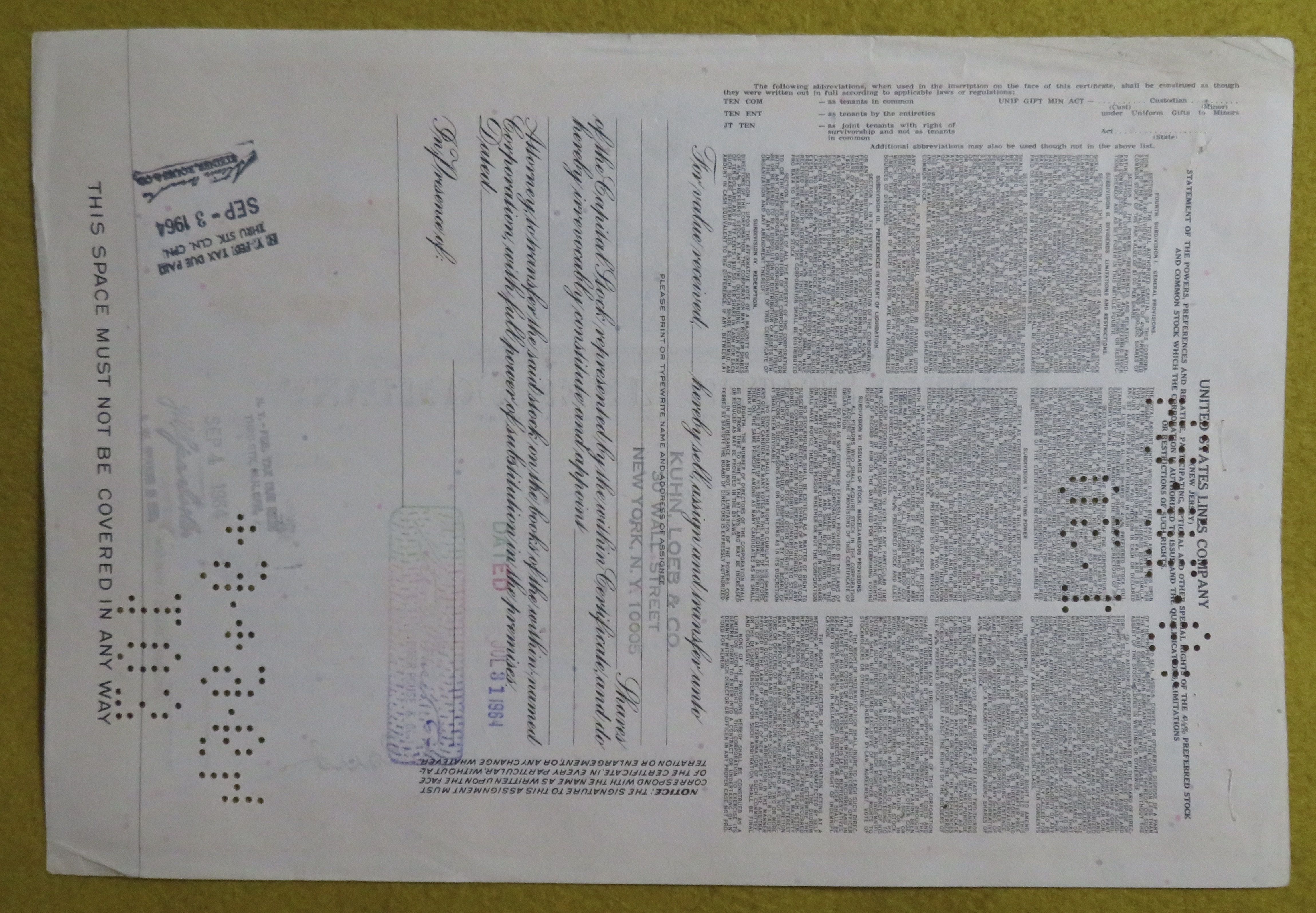 Stock Certificate July 29, 1964 U. S. Lines Company