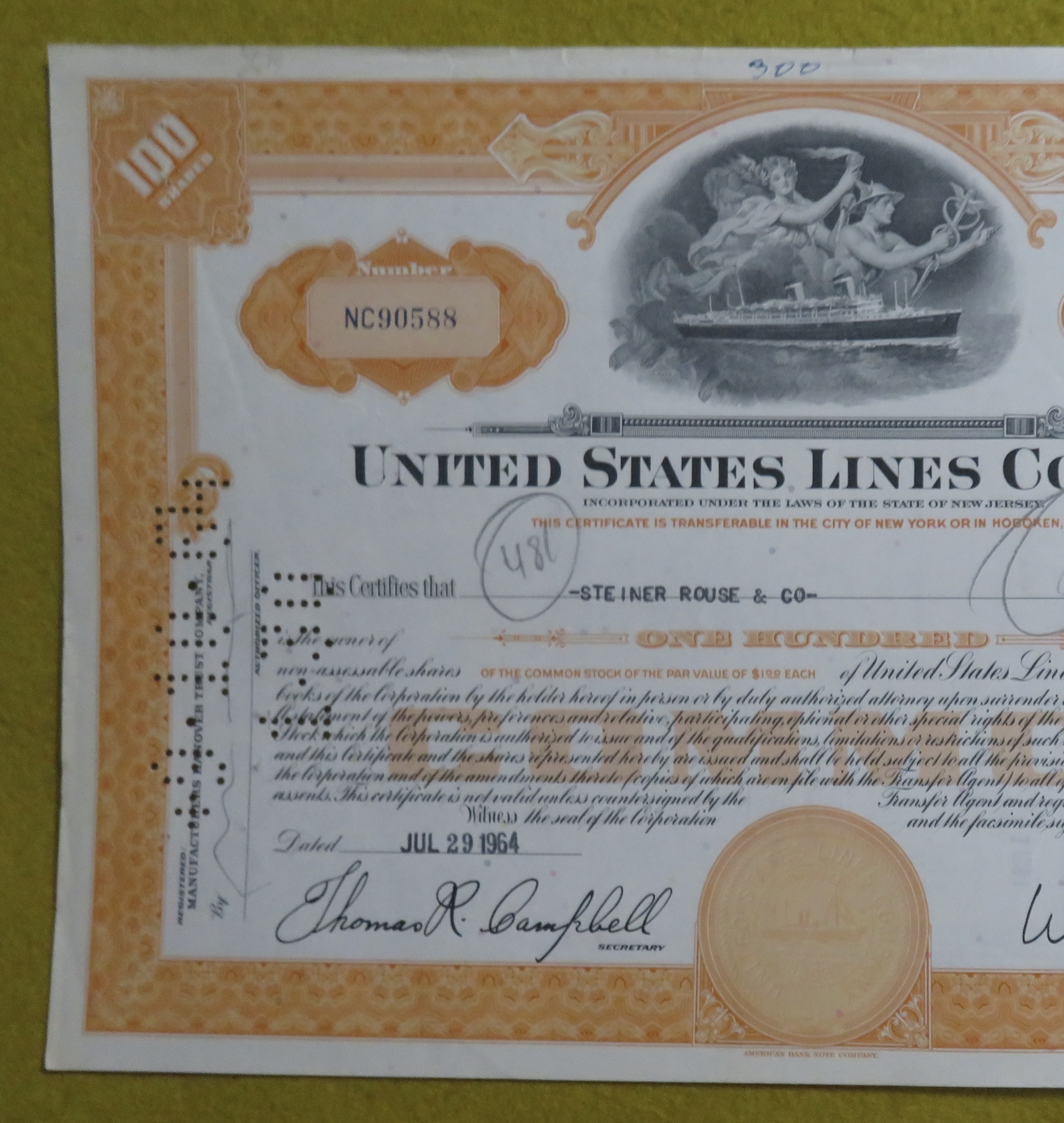 Stock Certificate July 29, 1964 U. S. Lines Company