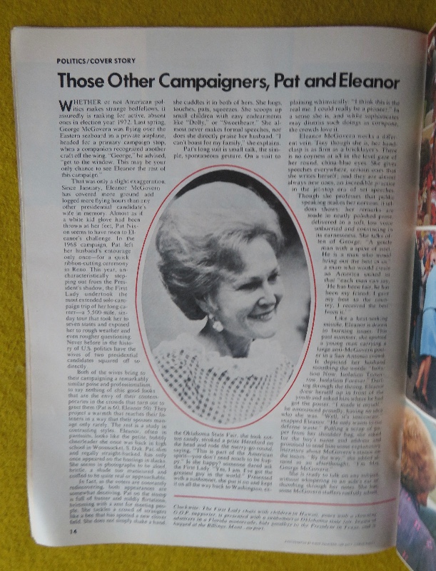 Time Magazine October 9, 1972 The Other Campaigners: Pat Nixon and Eleanor McGovern
