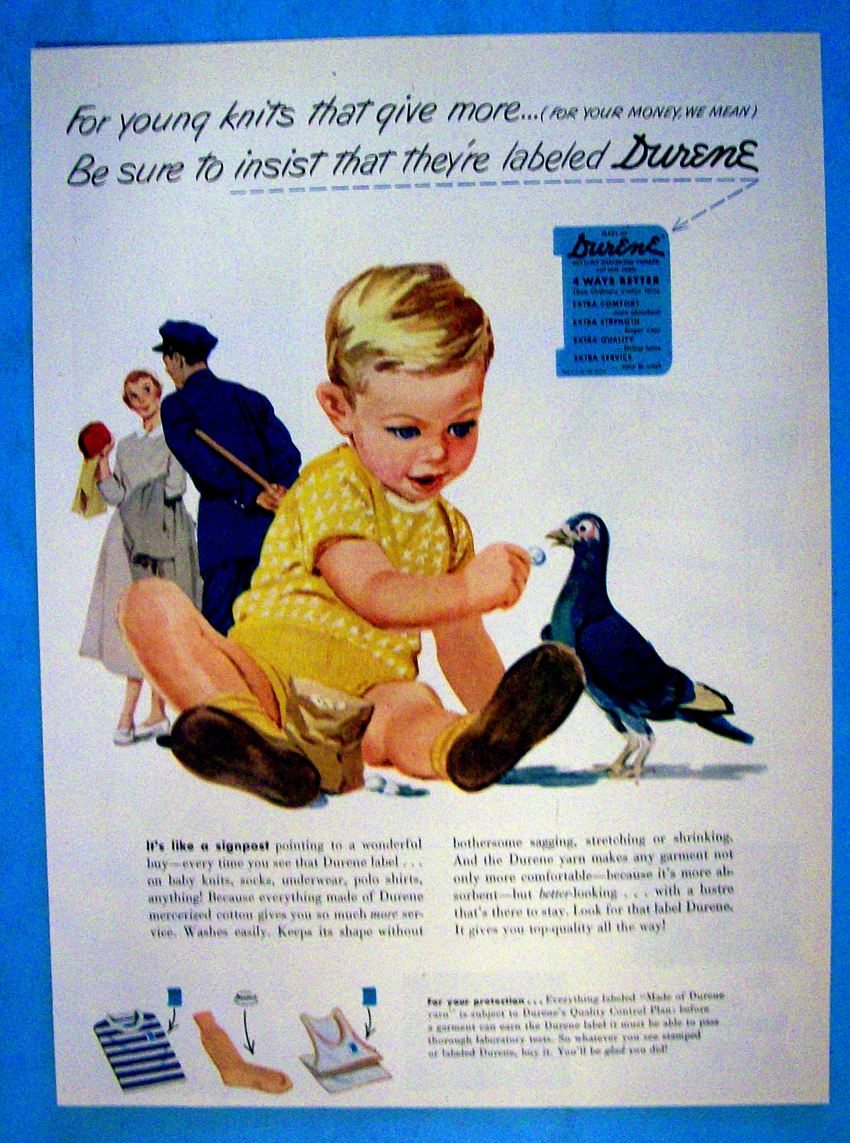 1951 Durene Yarn with Little Child Feeding a Bird