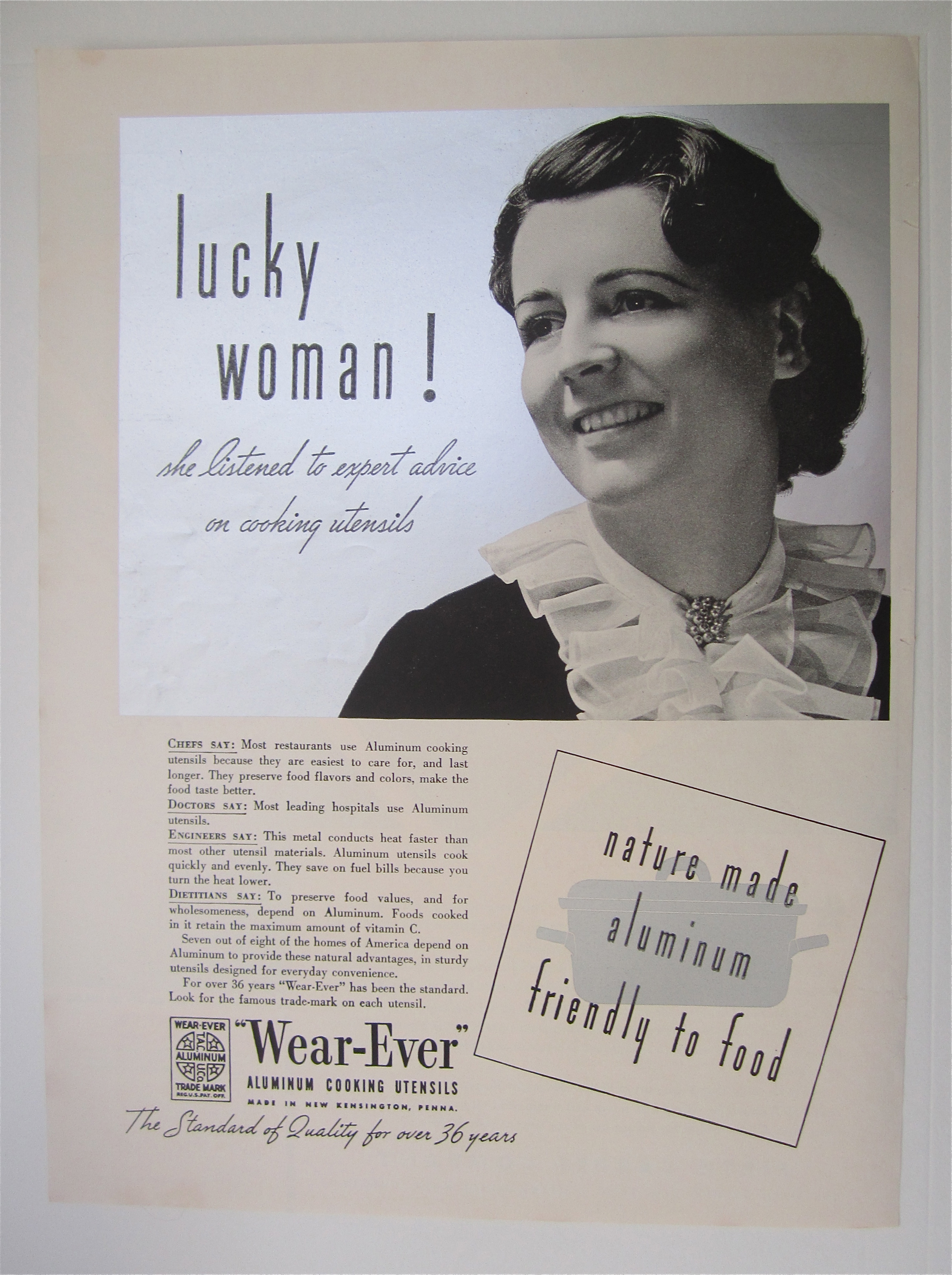 1937 Wear Ever Aluminum Cooking Utensil w Woman Smiling