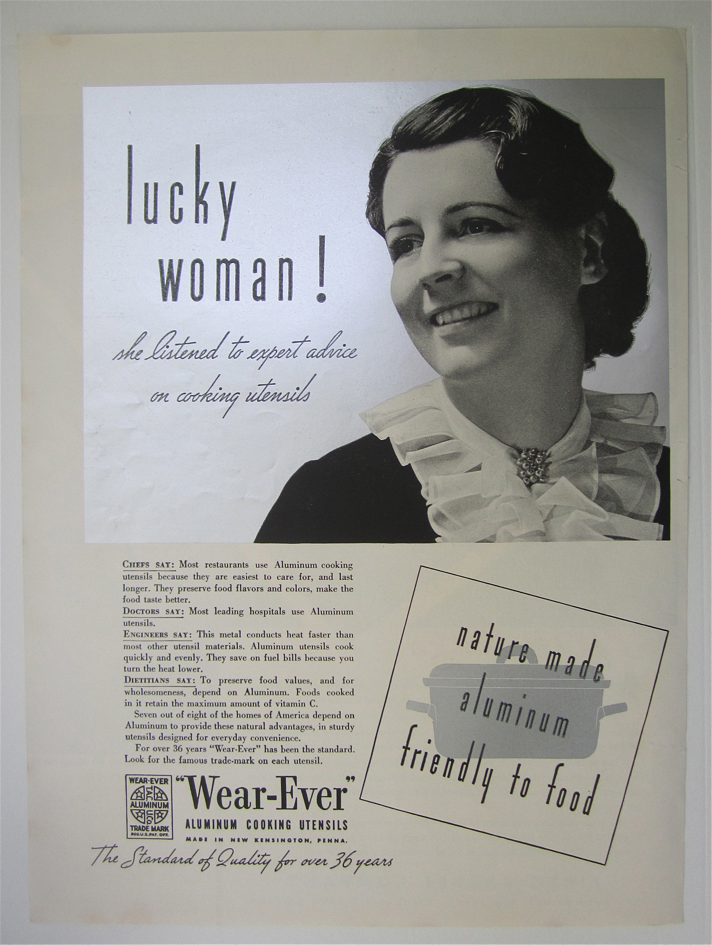 1937 Wear Ever Aluminum Cooking Utensil w Woman Smiling