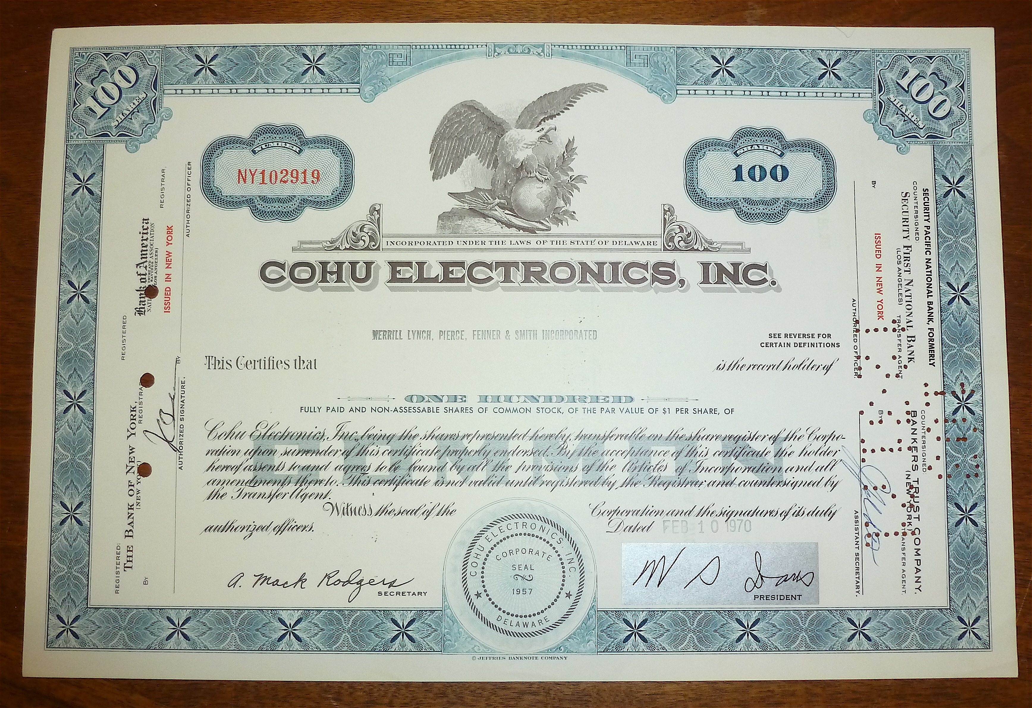 1970 Cohu Electronics Inc. Stock Certificate