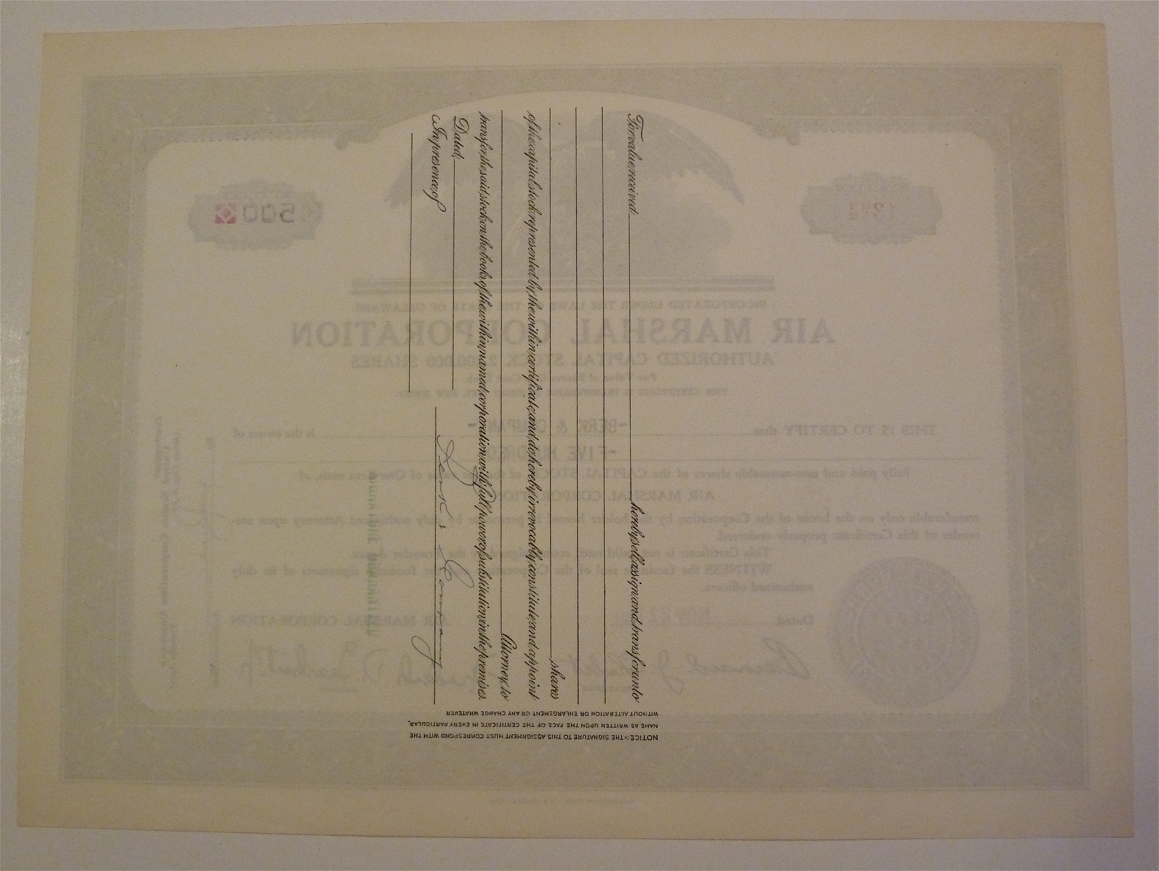1951 Air Marshall Corporation Stock Certificate