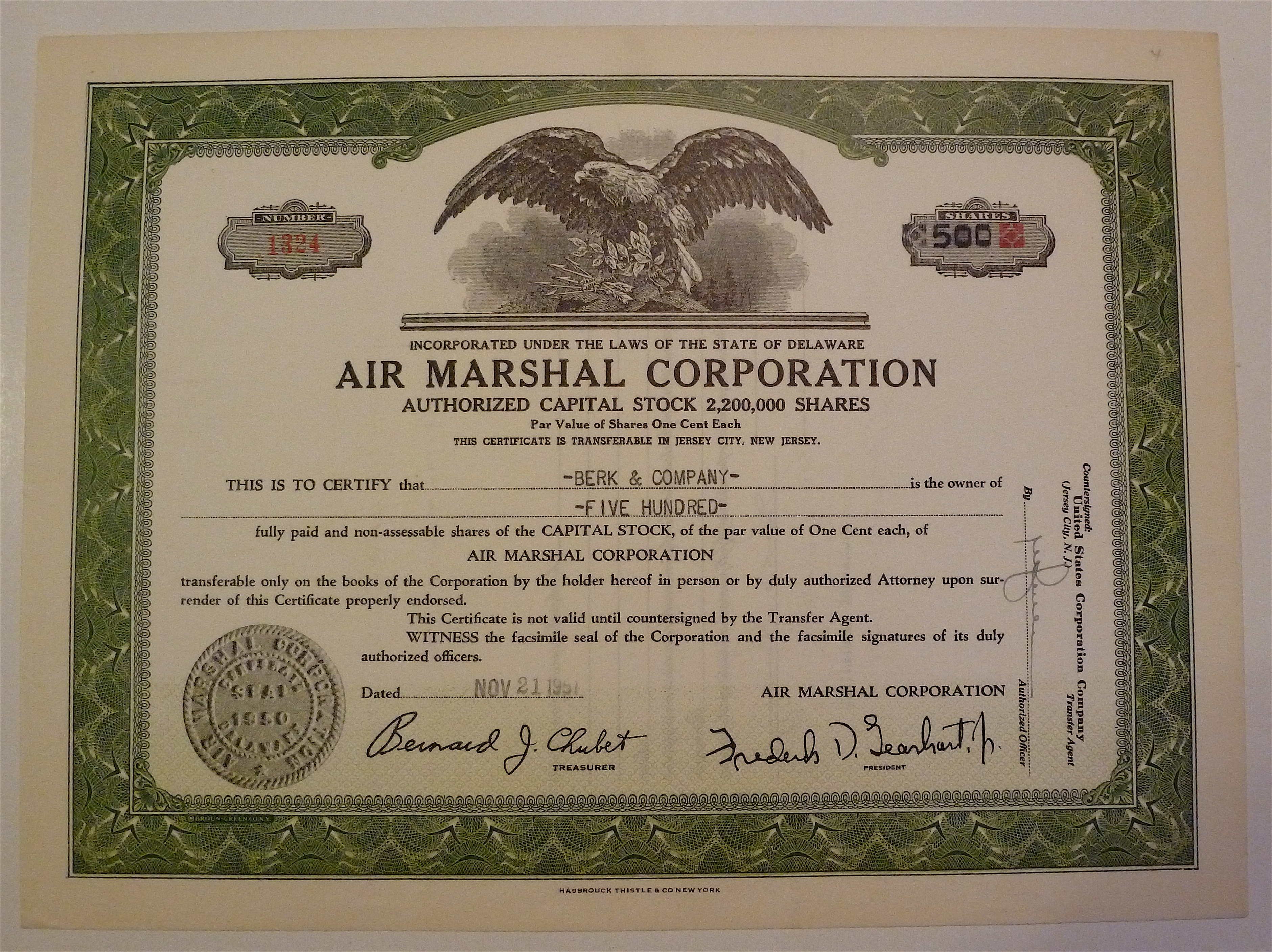 1951 Air Marshall Corporation Stock Certificate