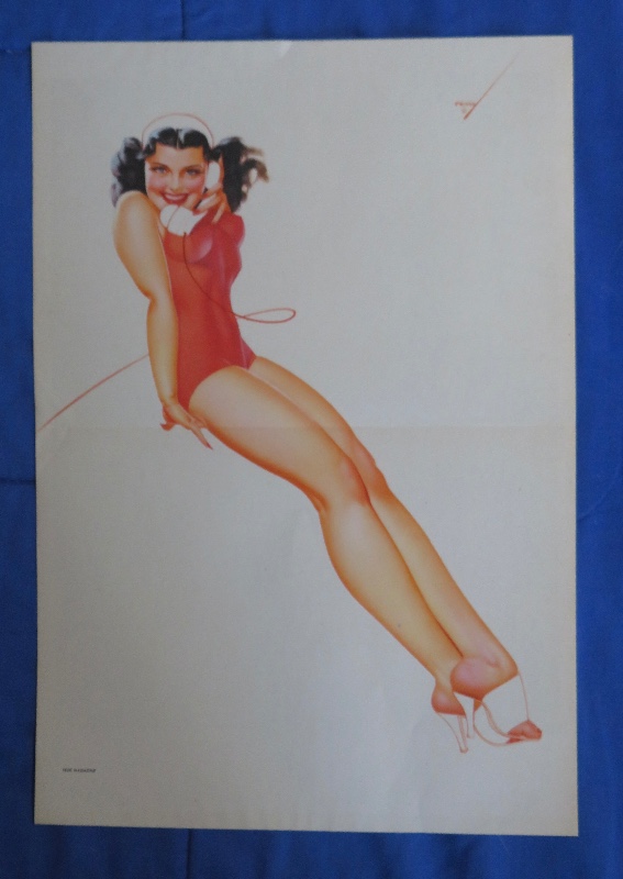 Original 1945 Sexy Pin Up Lovely Dark Haired Girl Wearing A Red Suit While Talking On Telephone By George Petty