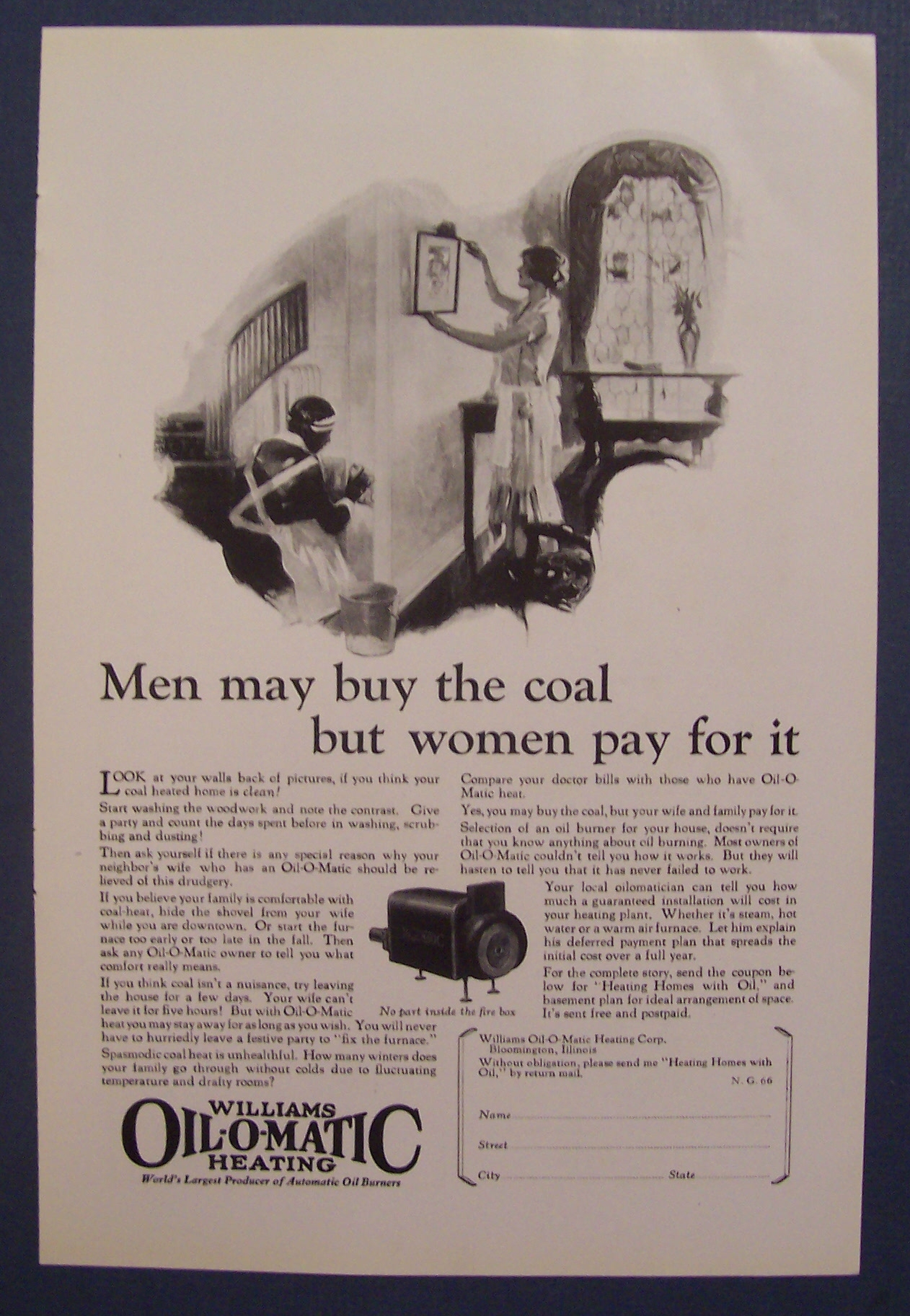 1926 Williams Oil O Matic Heating w/Woman Hanging Pic