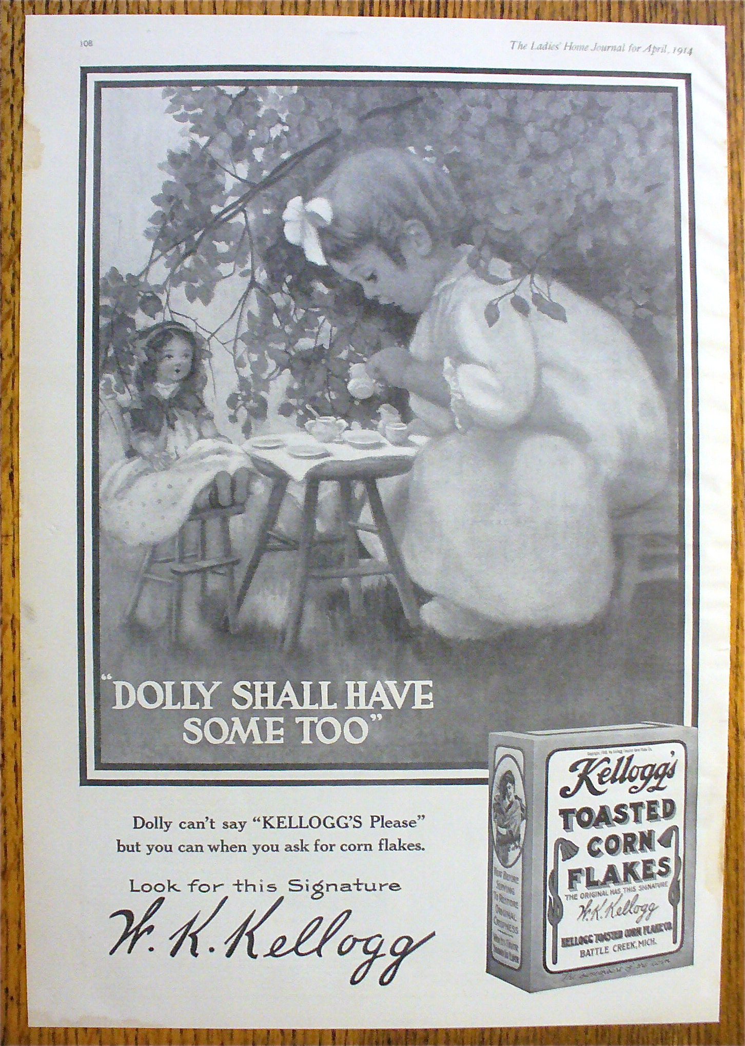 1914 Kellogg's Toasted Corn Flakes w/Girl & Tea Party