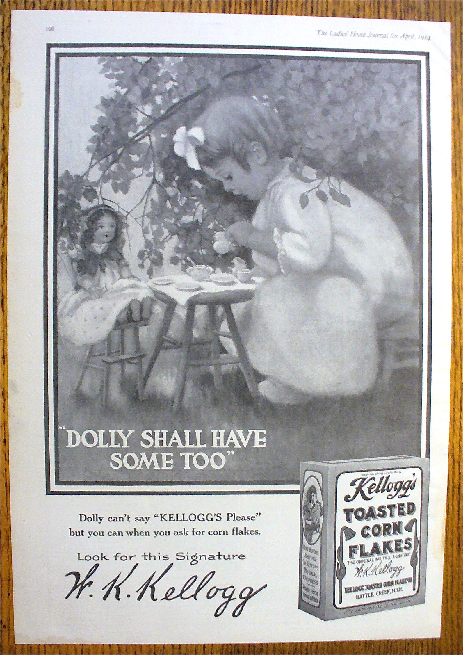 1914 Kellogg's Toasted Corn Flakes w/Girl & Tea Party