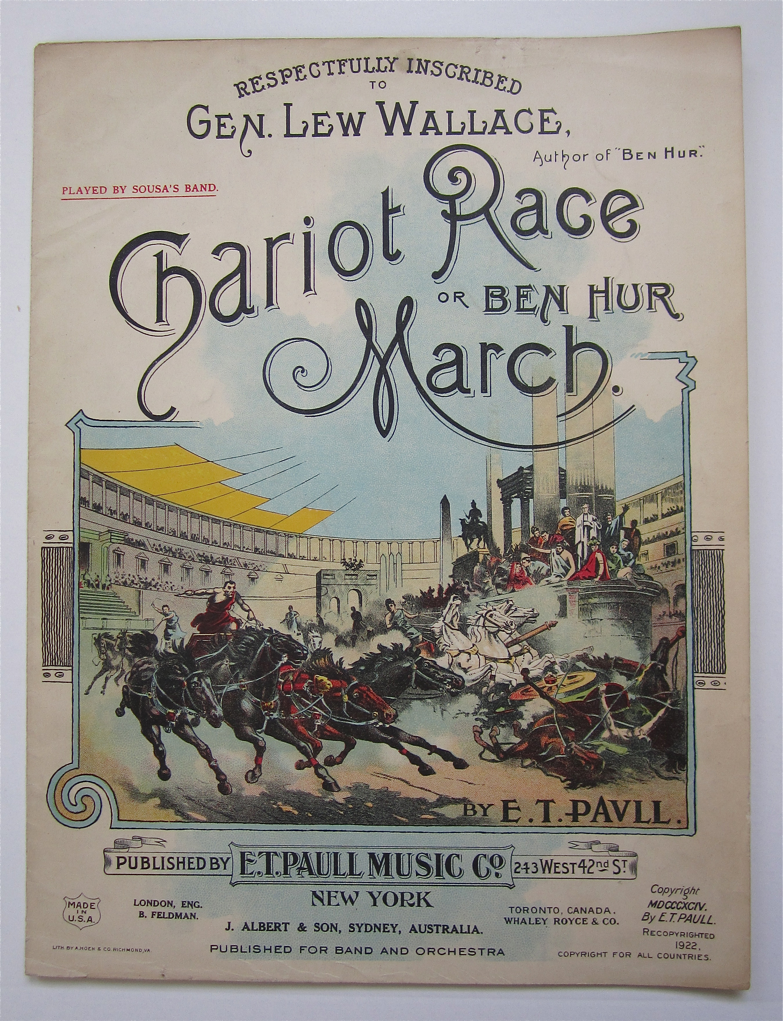 1922 Chariot Race or Ben Hur March Sheet Music