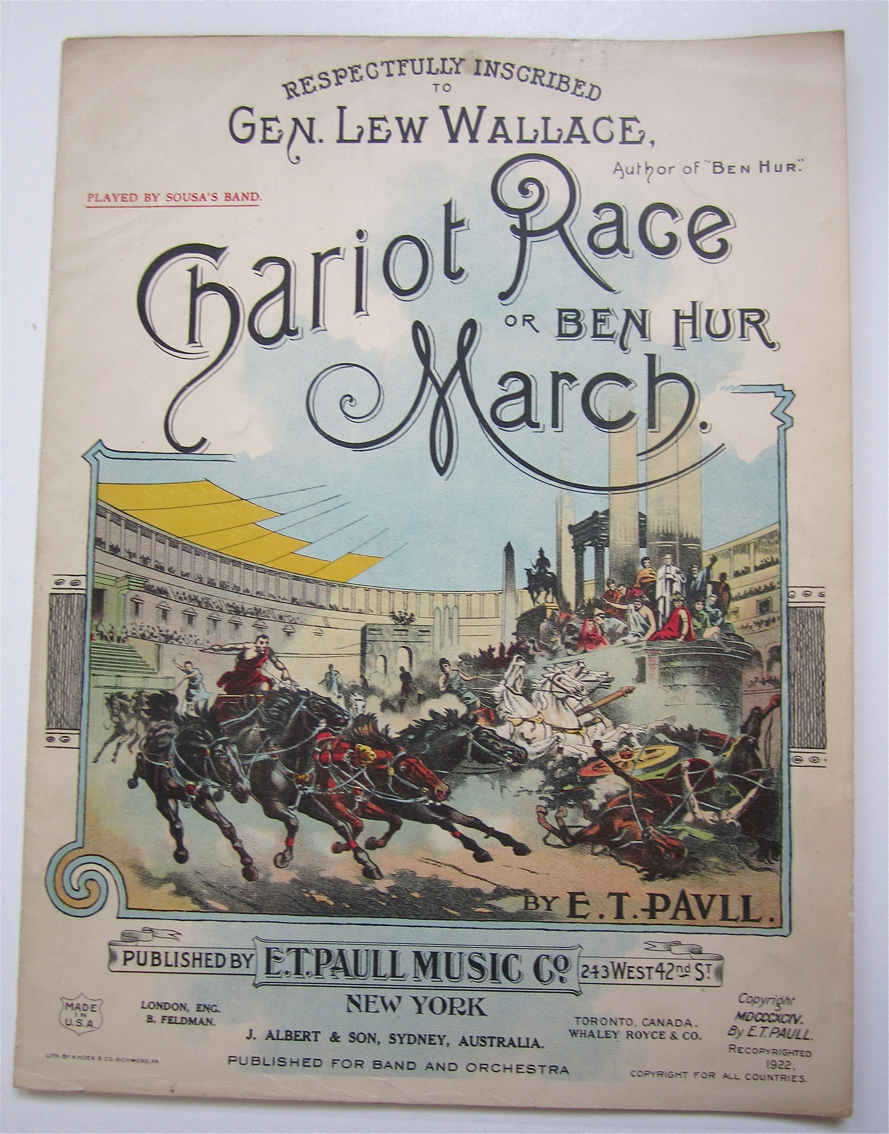 1922 Chariot Race or Ben Hur March Sheet Music