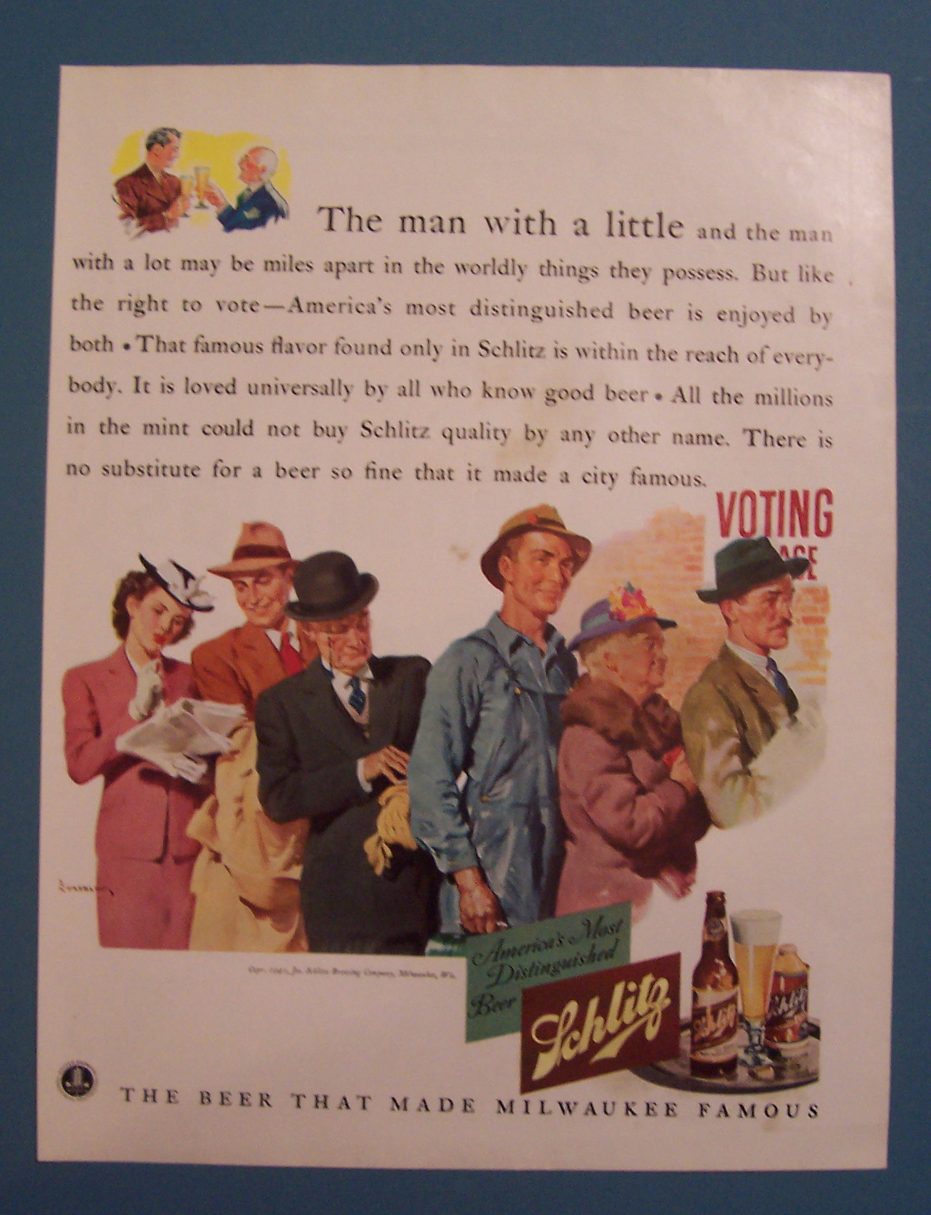 1941 Schlitz Beer with People Waiting in Line to Vote