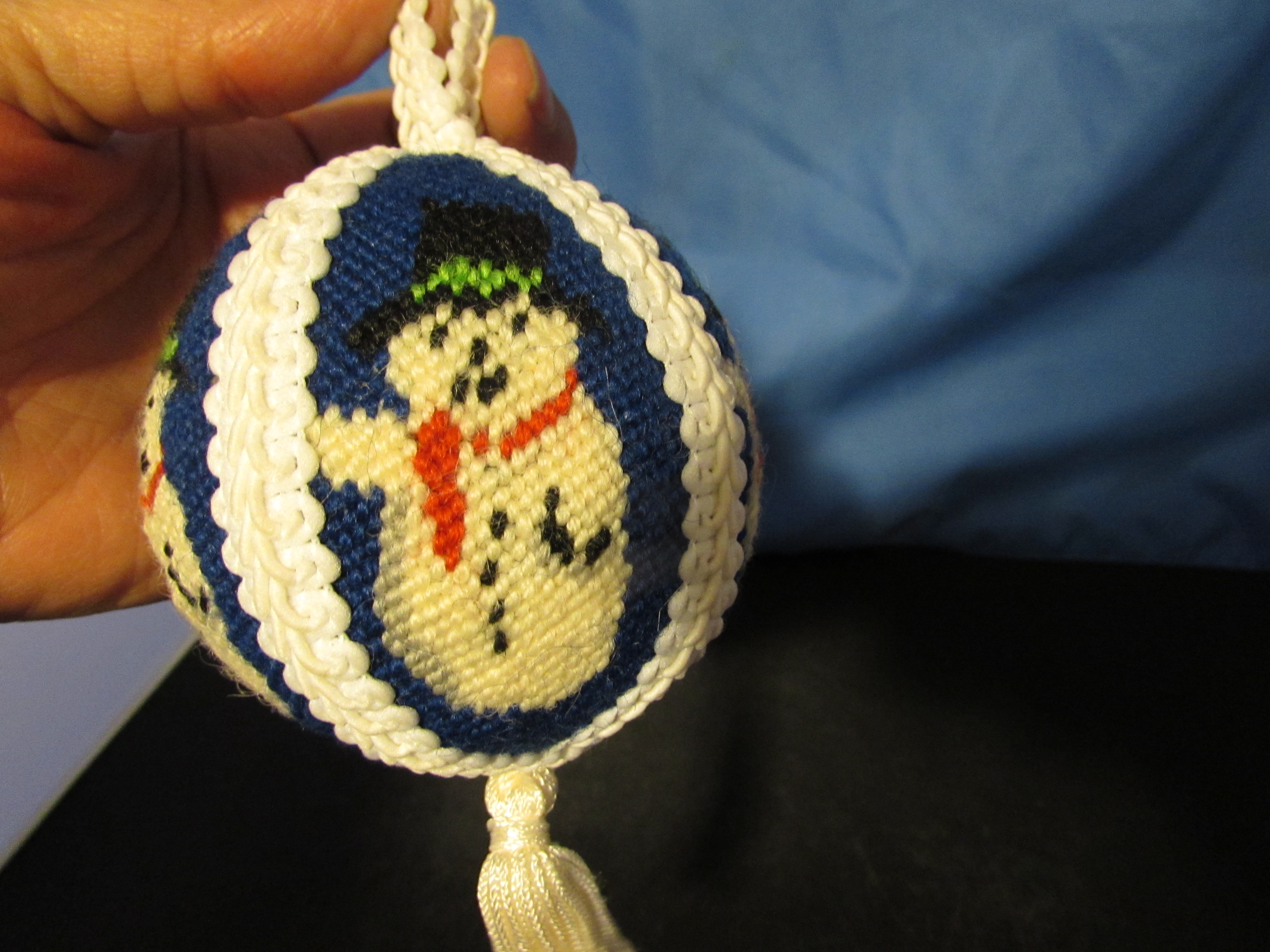 Needlepoint Snowman Bulb Ornament Vintage Hand Made