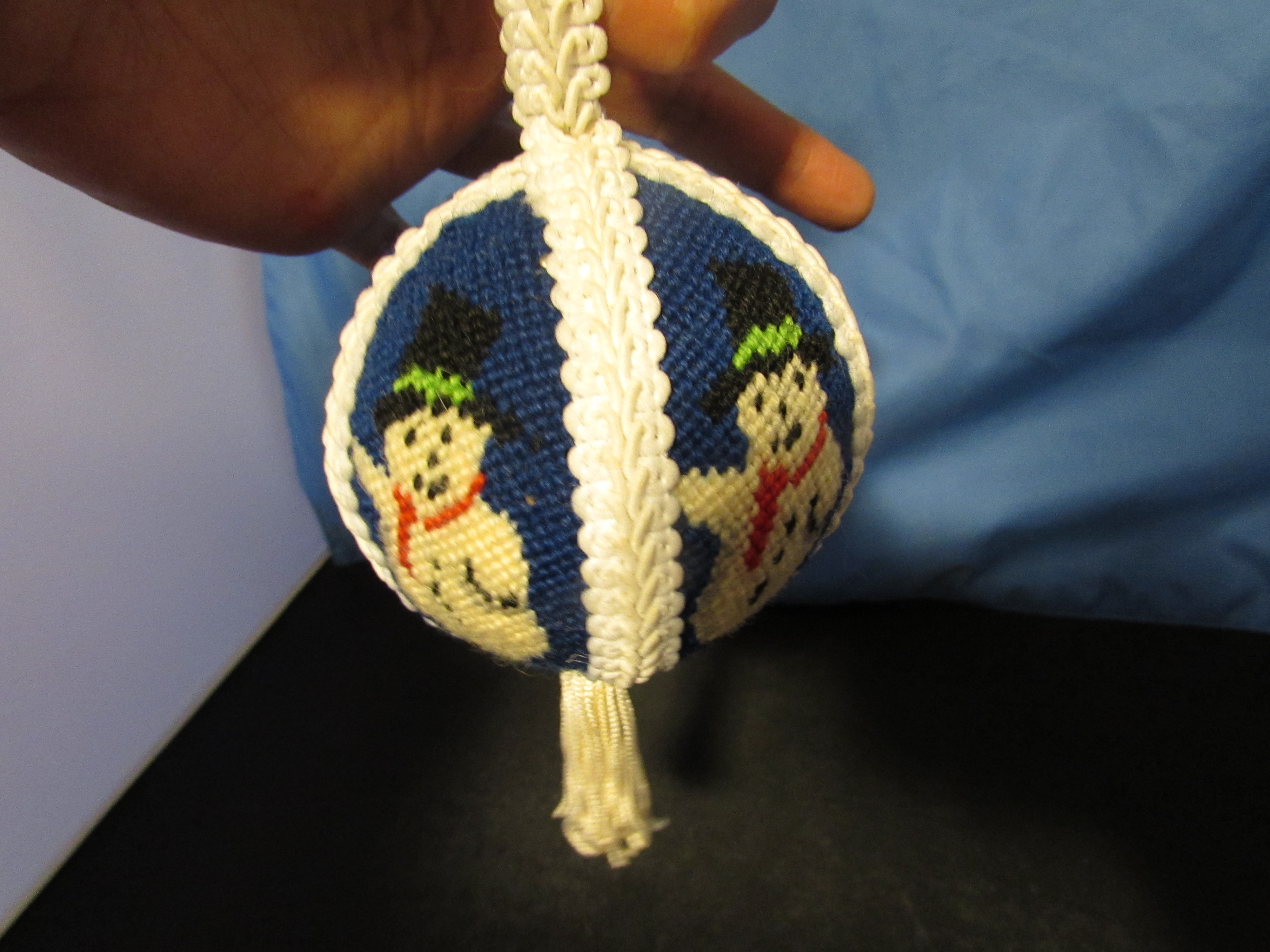 Needlepoint Snowman Bulb Ornament Vintage Hand Made