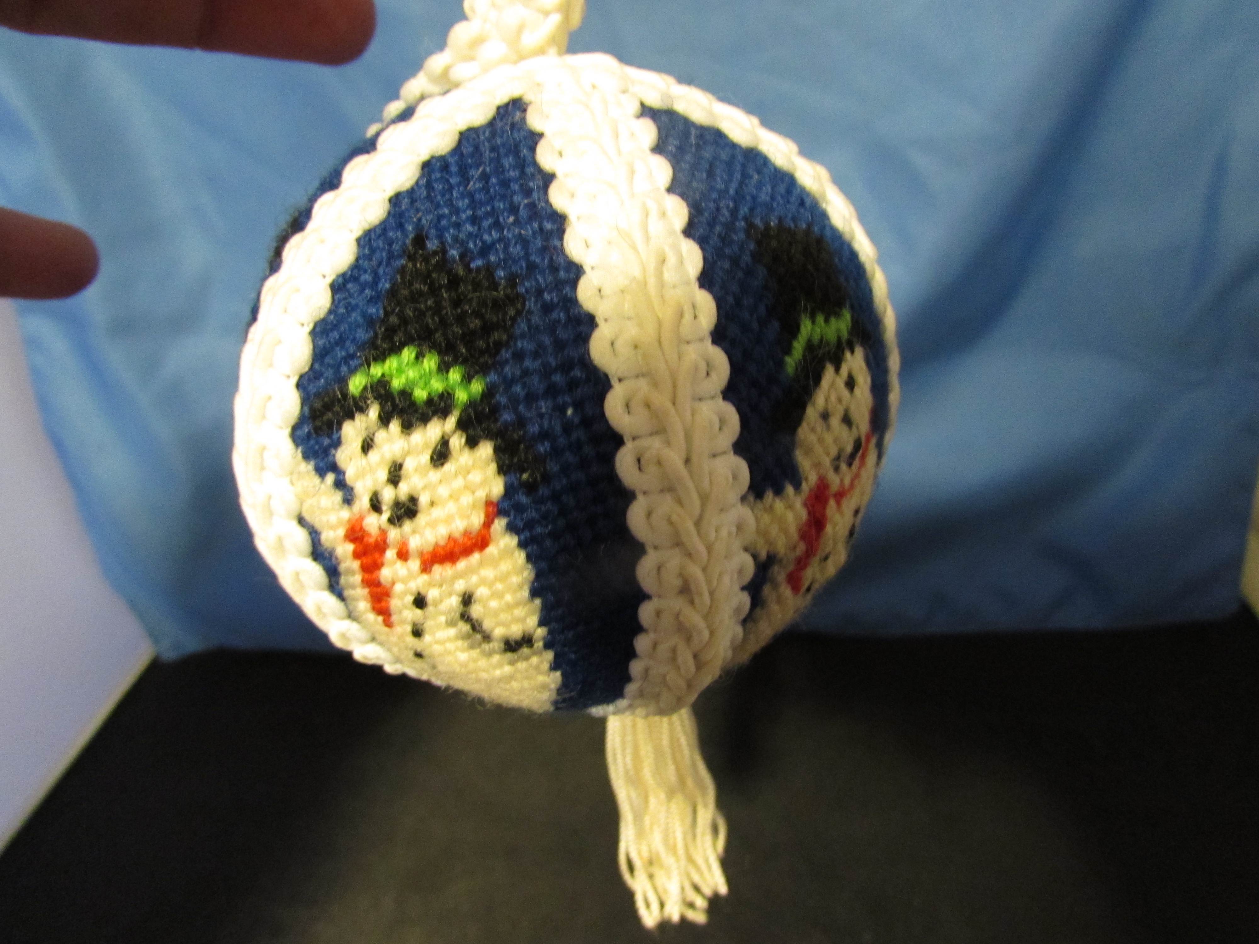 Needlepoint Snowman Bulb Ornament Vintage Hand Made