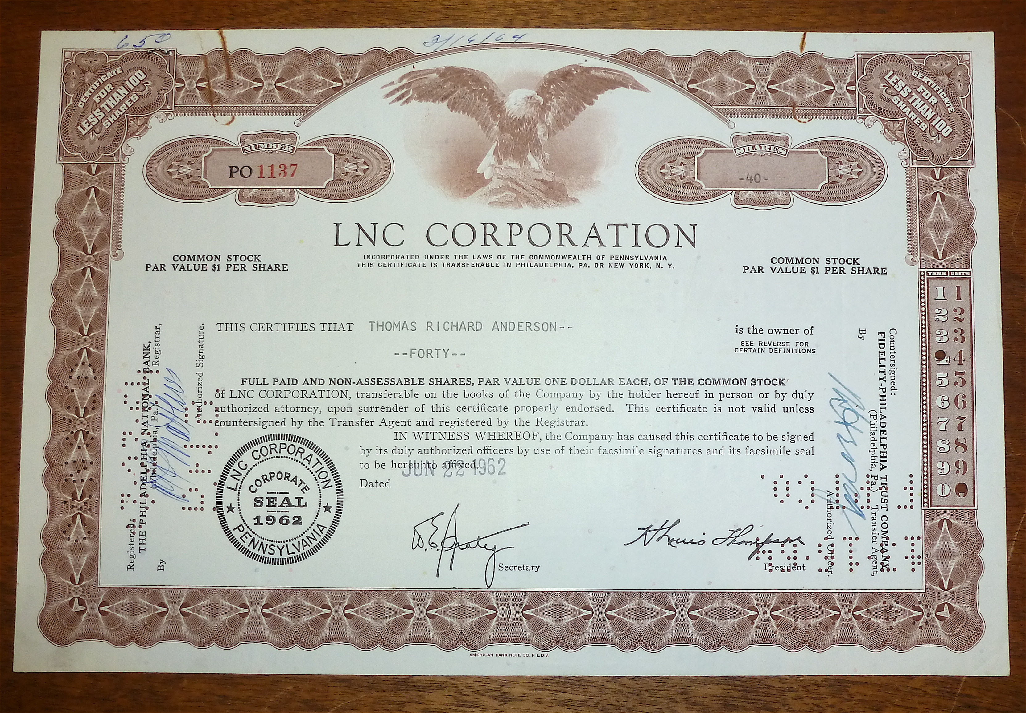 1962 LNC Corporation Stock Certificate