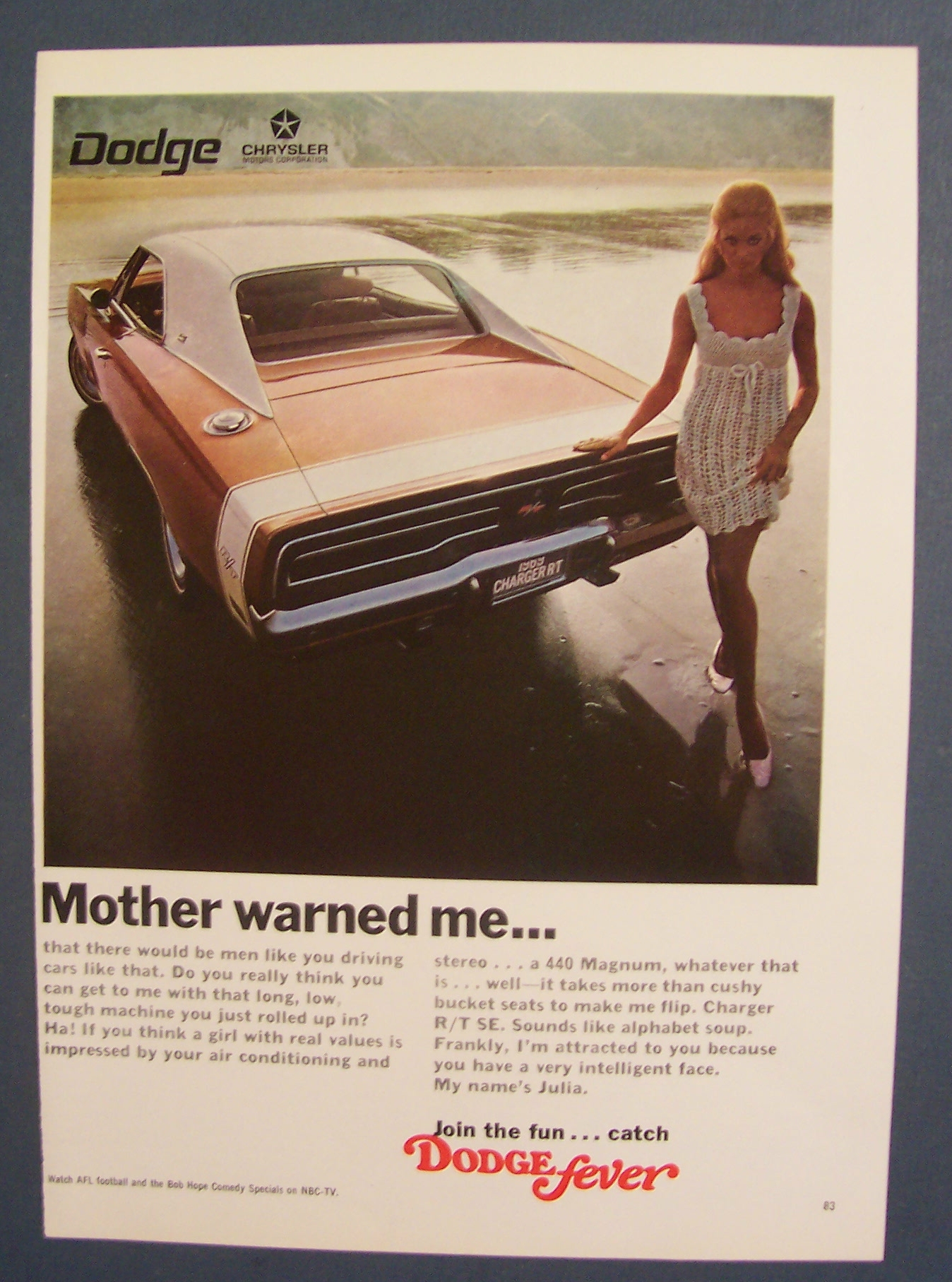 1968 Dodge Charger RT Ad with Woman & Charger