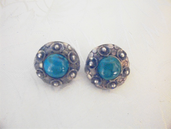 Silver & Green Stone Pierced Earrings