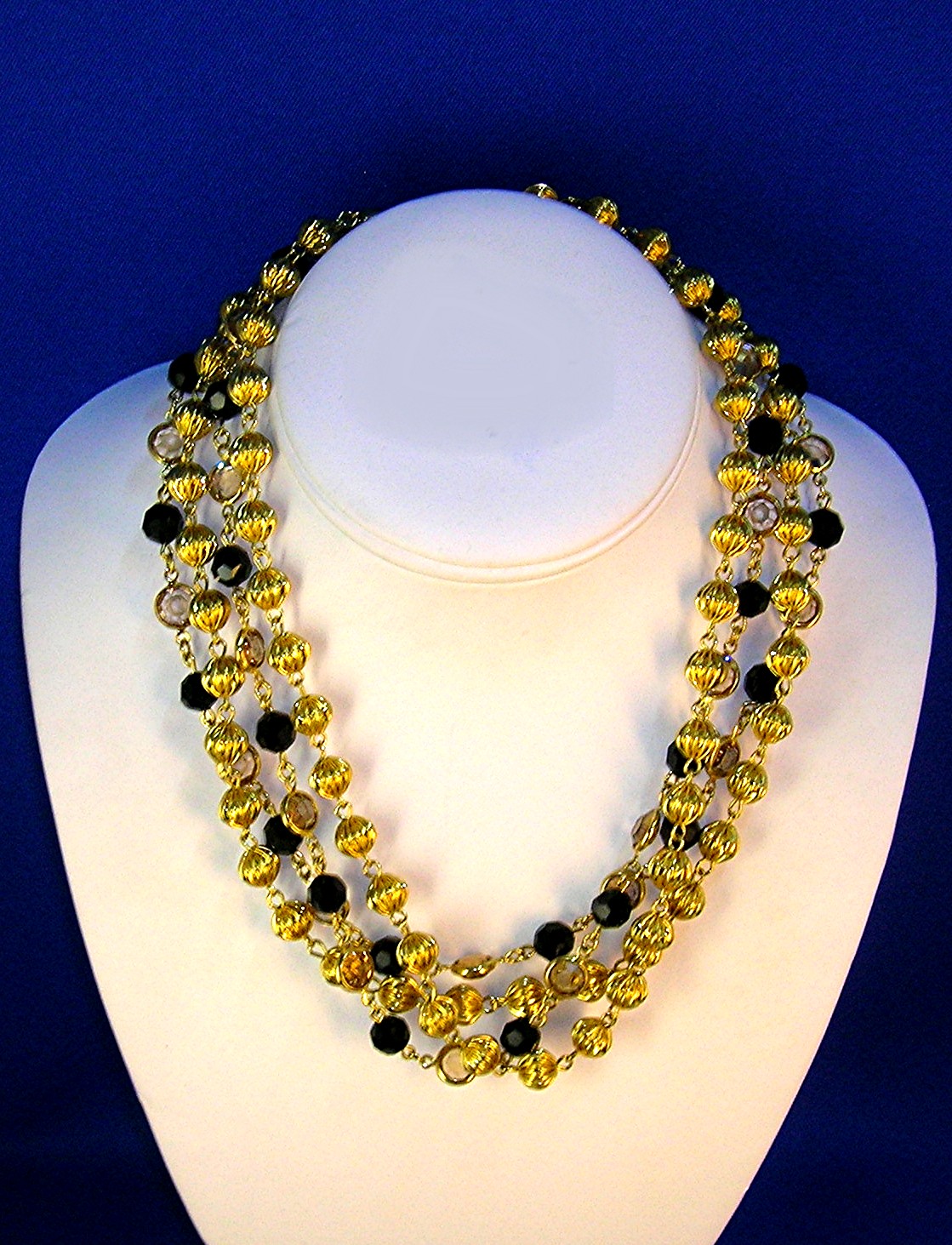 Crystal Gold Black Jet Chain Link 4 Strand Bead Neckla