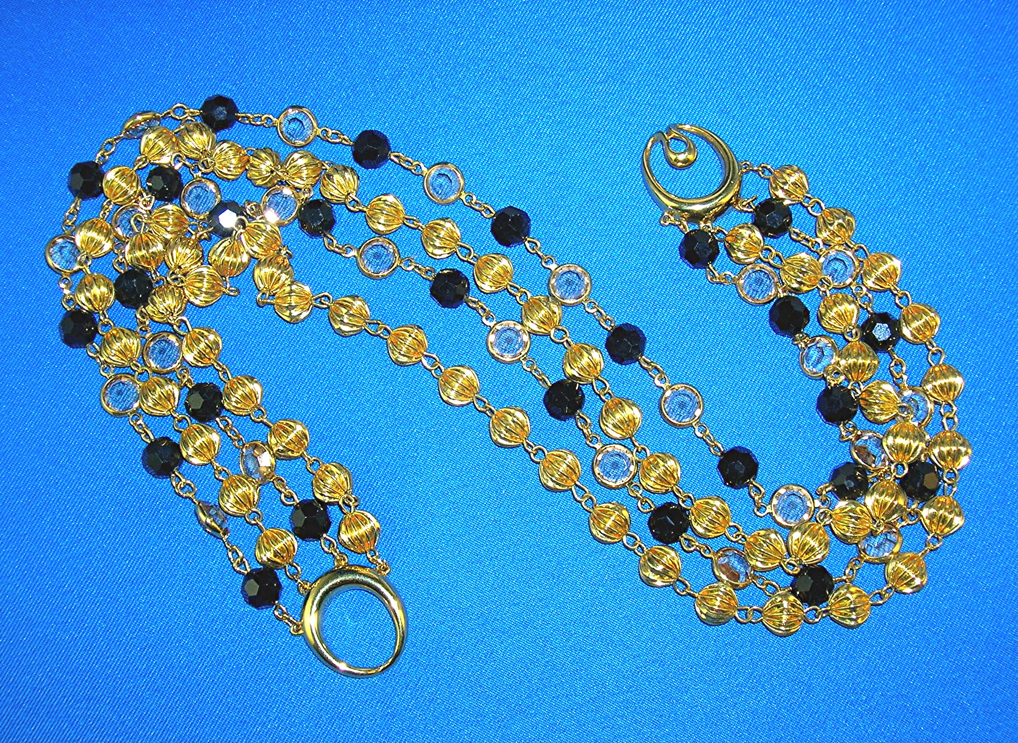 Crystal Gold Black Jet Chain Link 4 Strand Bead Neckla