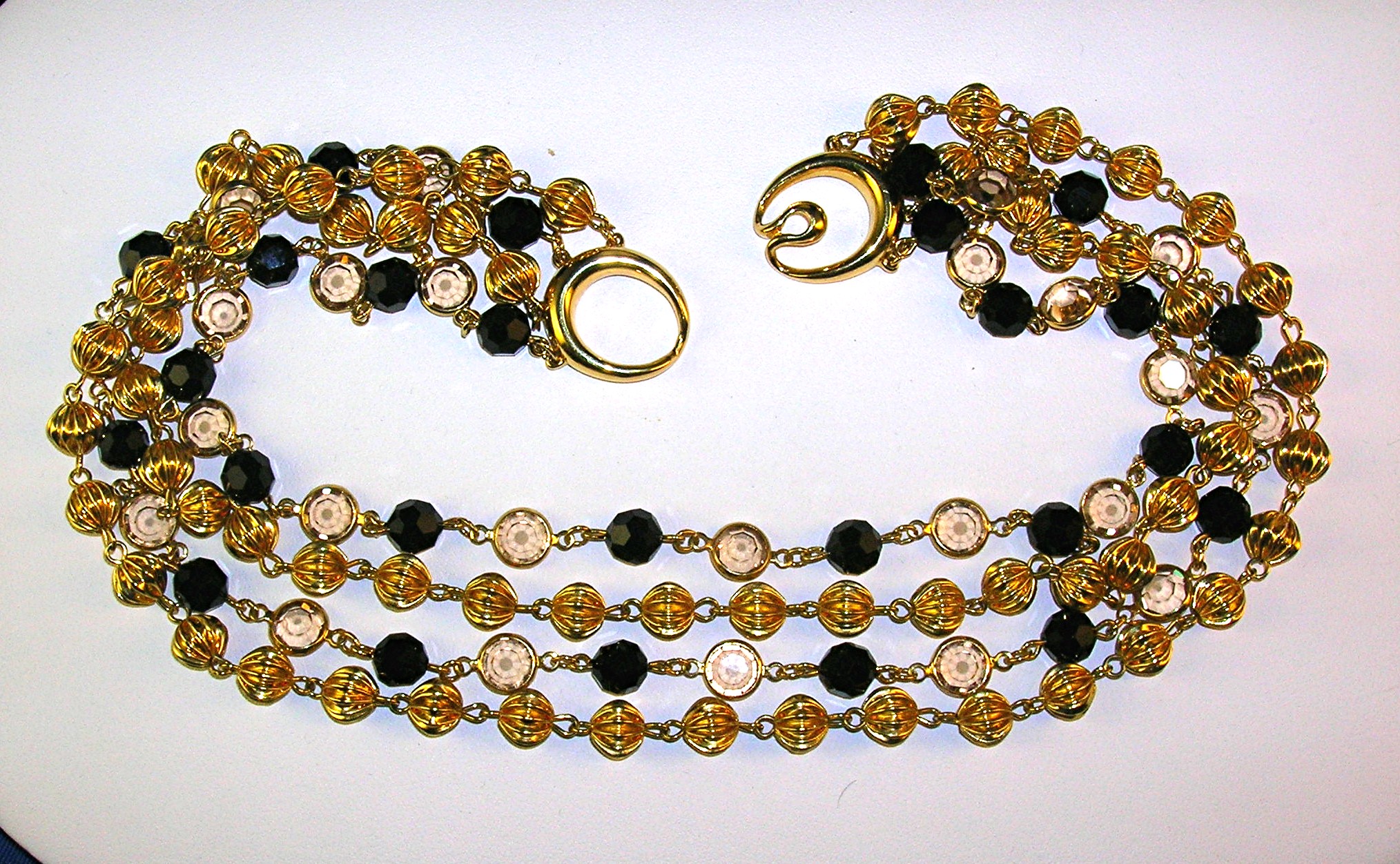 Crystal Gold Black Jet Chain Link 4 Strand Bead Neckla
