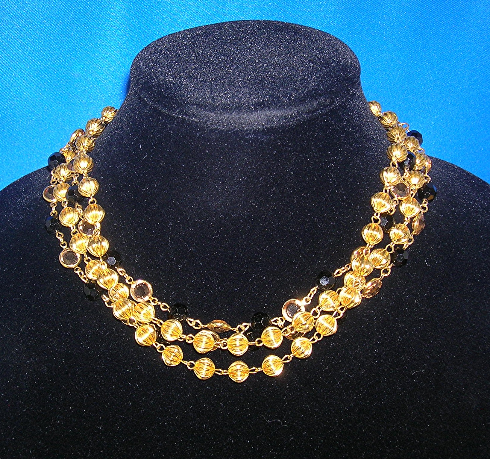 Crystal Gold Black Jet Chain Link 4 Strand Bead Neckla