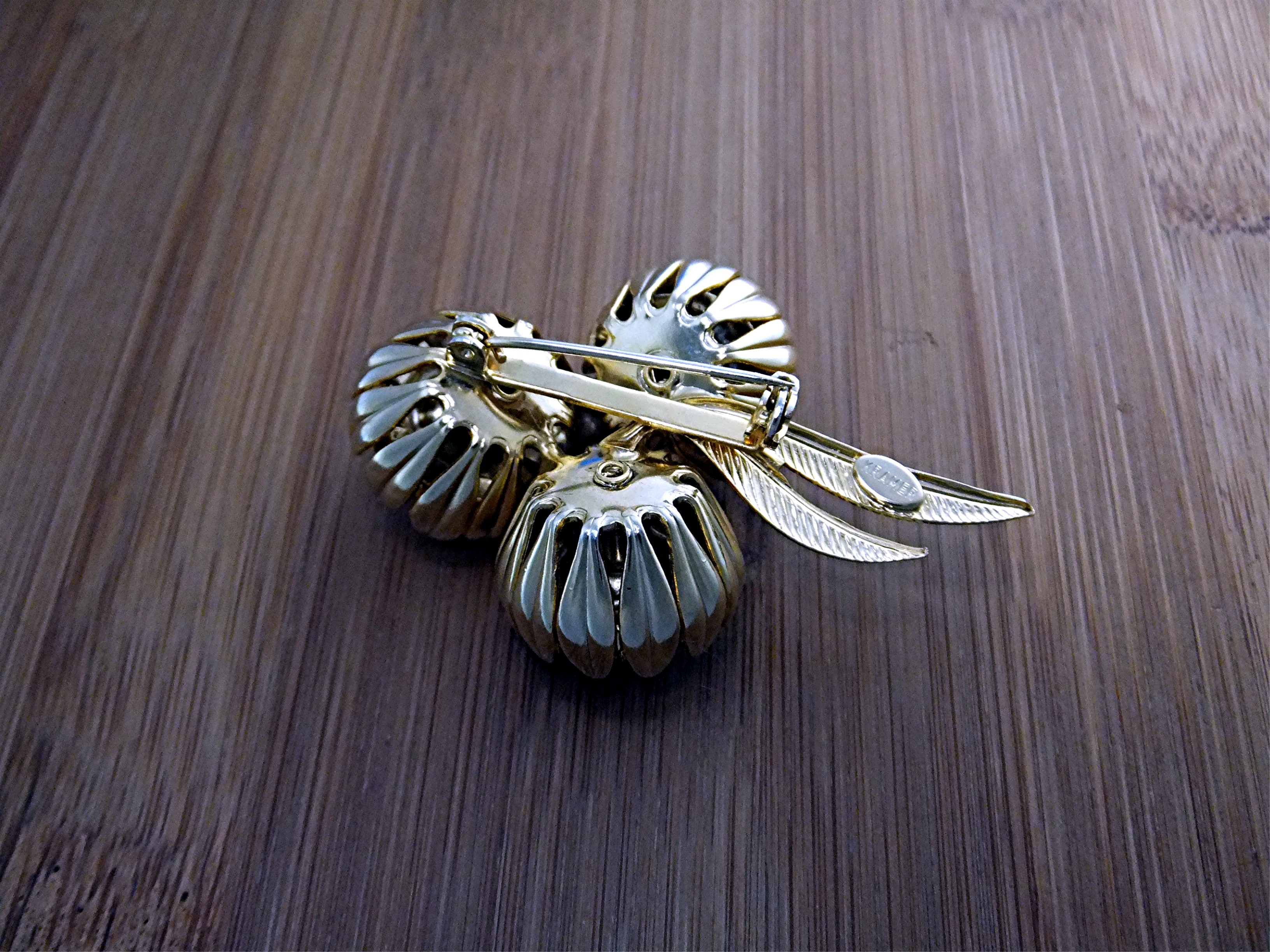 Brooch KRAMER Gold Tone Fuchia White Crystal Flowers