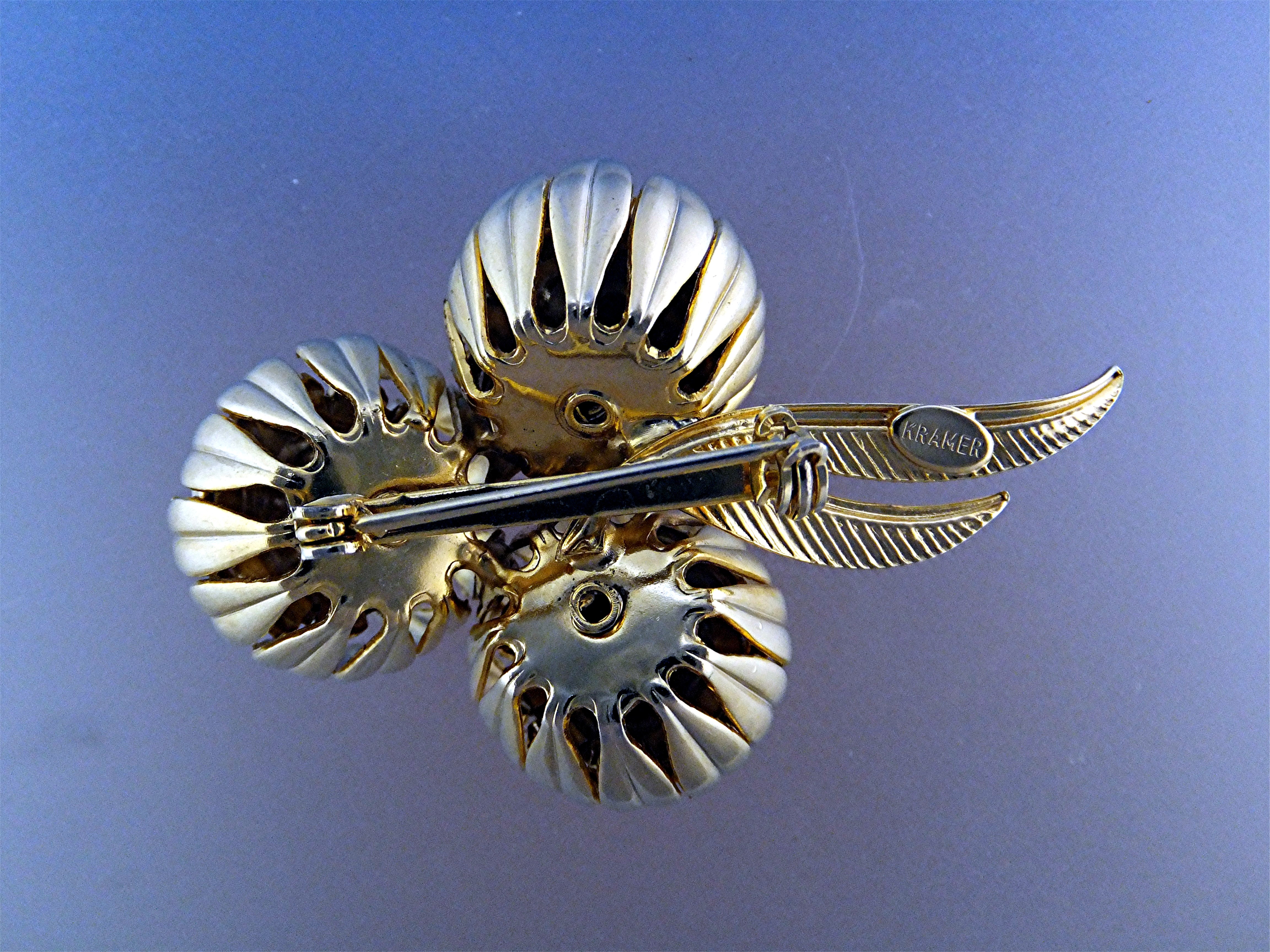 Brooch KRAMER Gold Tone Fuchia White Crystal Flowers