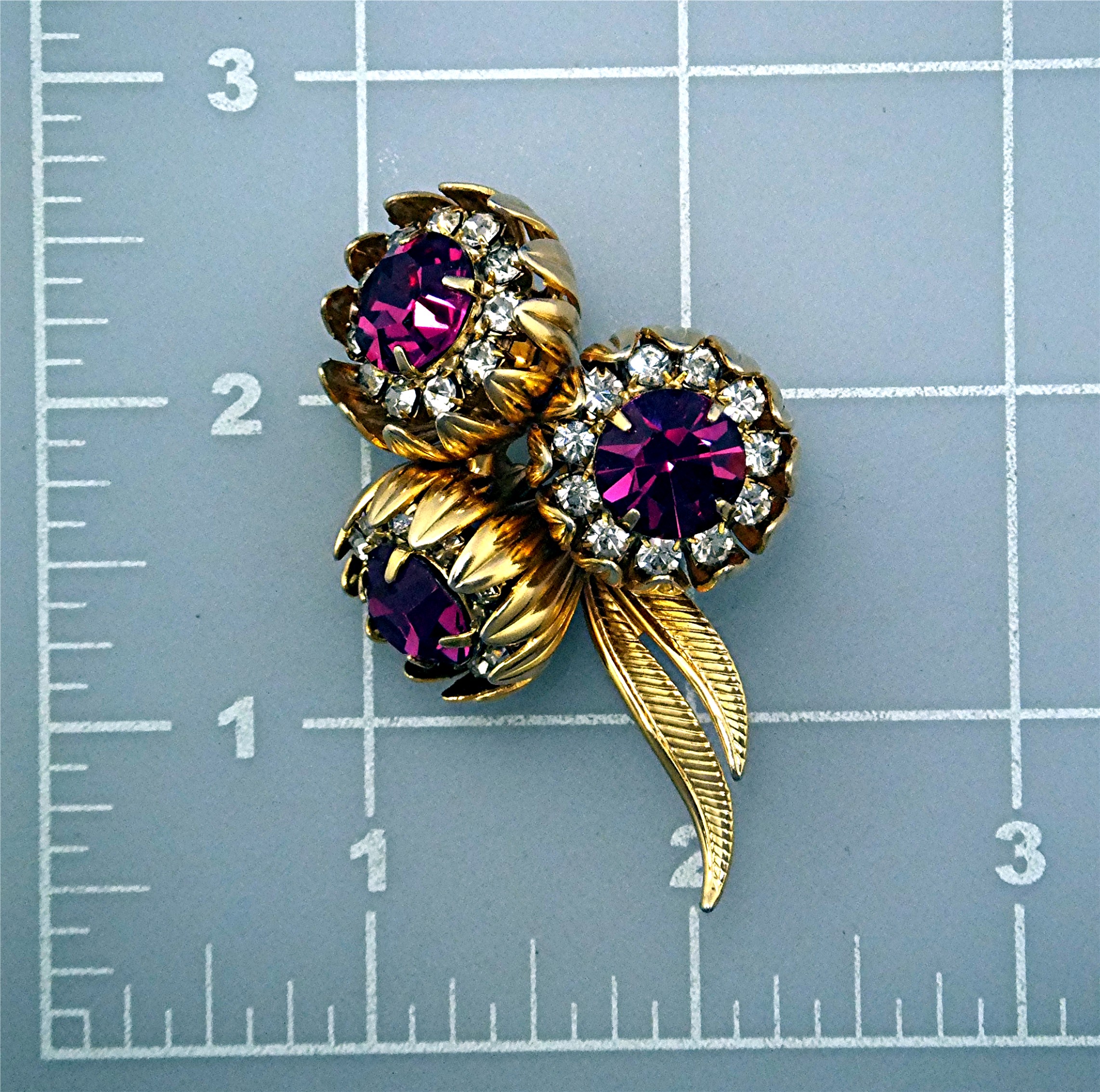 Brooch KRAMER Gold Tone Fuchia White Crystal Flowers