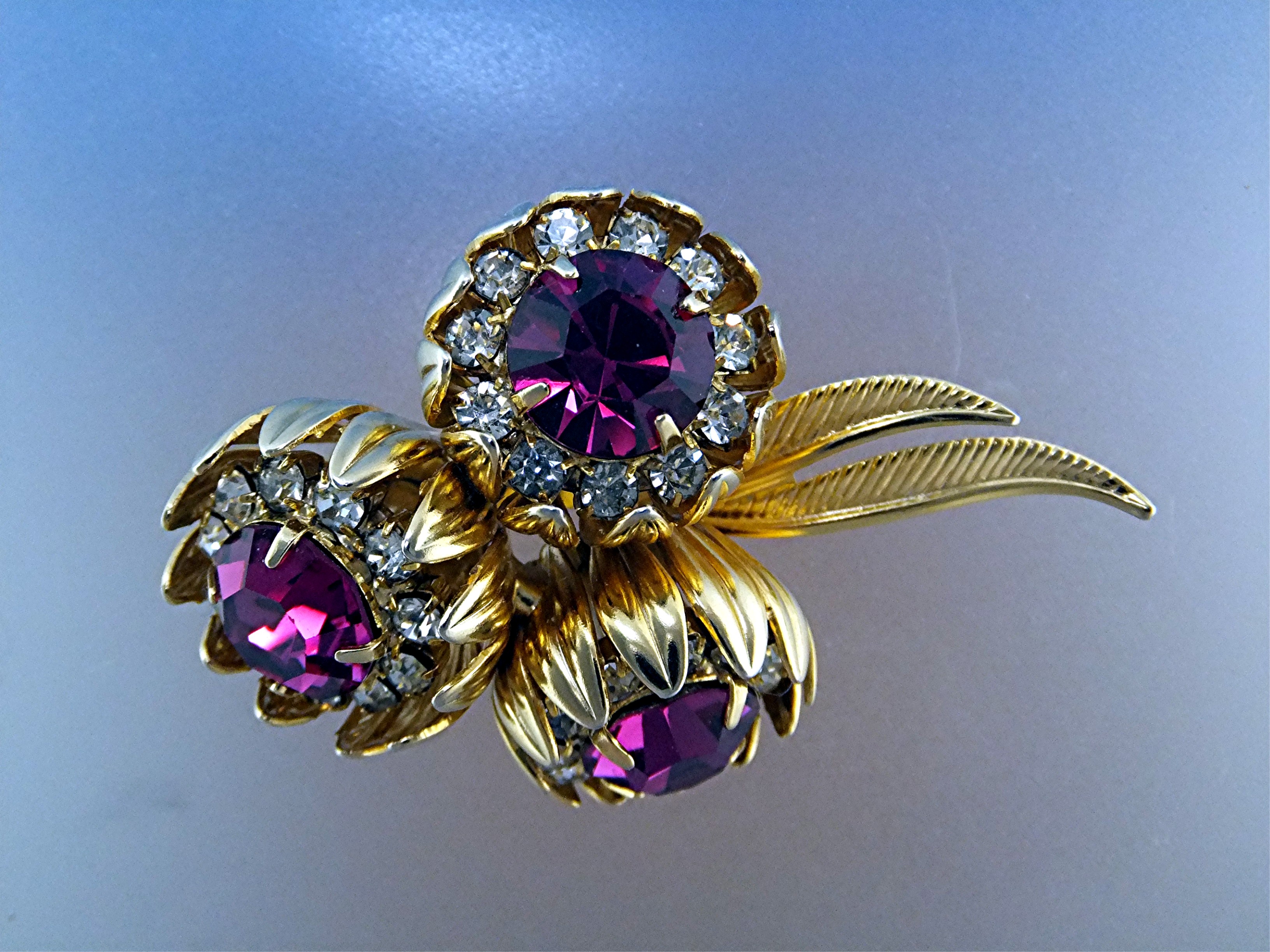Brooch KRAMER Gold Tone Fuchia White Crystal Flowers
