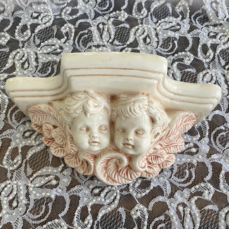 Vintage Pastel Pink Cherubs Wall Shelf, Shabby Chic Victorian Angels, Wall Sconce, Porcelain