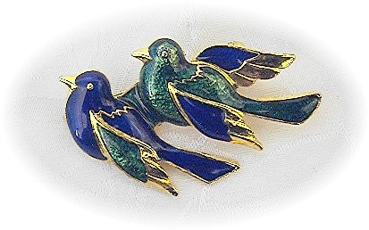 Enamel Bue and Green Birds Brooch Goldtone USA