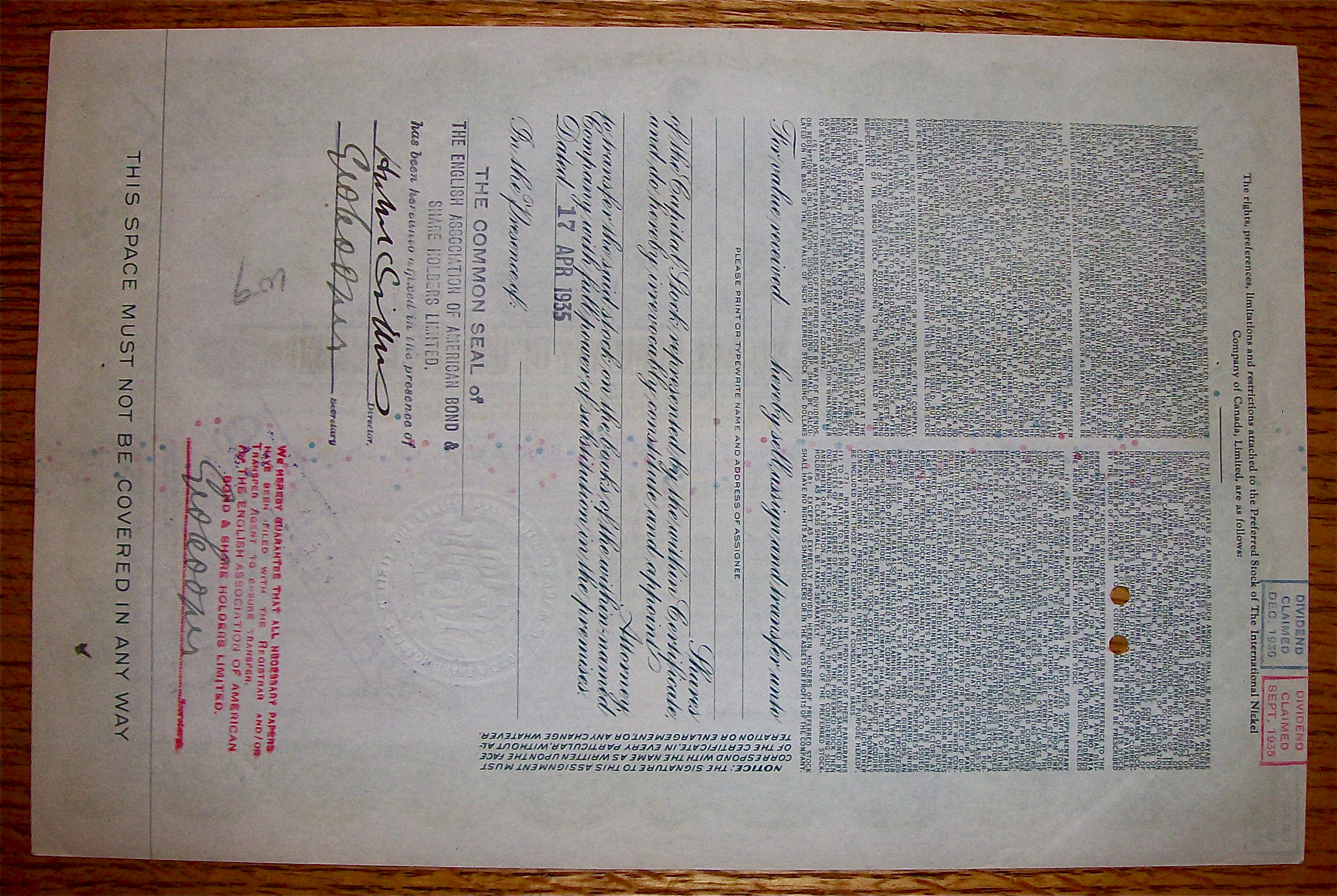 1935 International Nickel Company Of Canada Stock