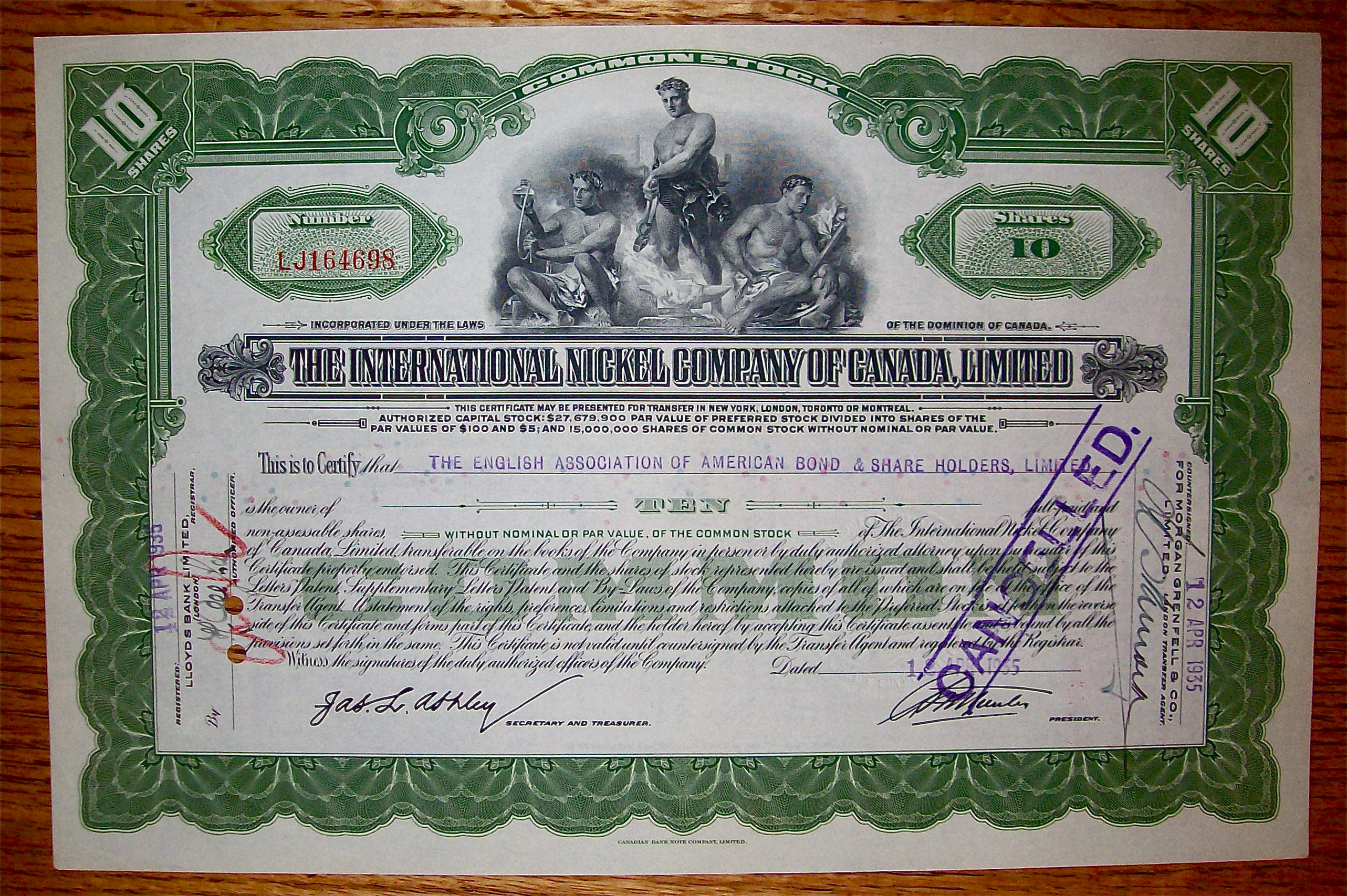 1935 International Nickel Company Of Canada Stock