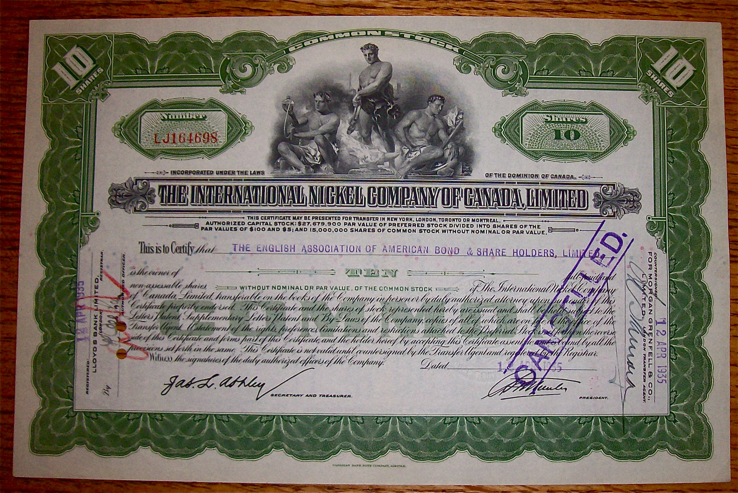 1935 International Nickel Company Of Canada Stock