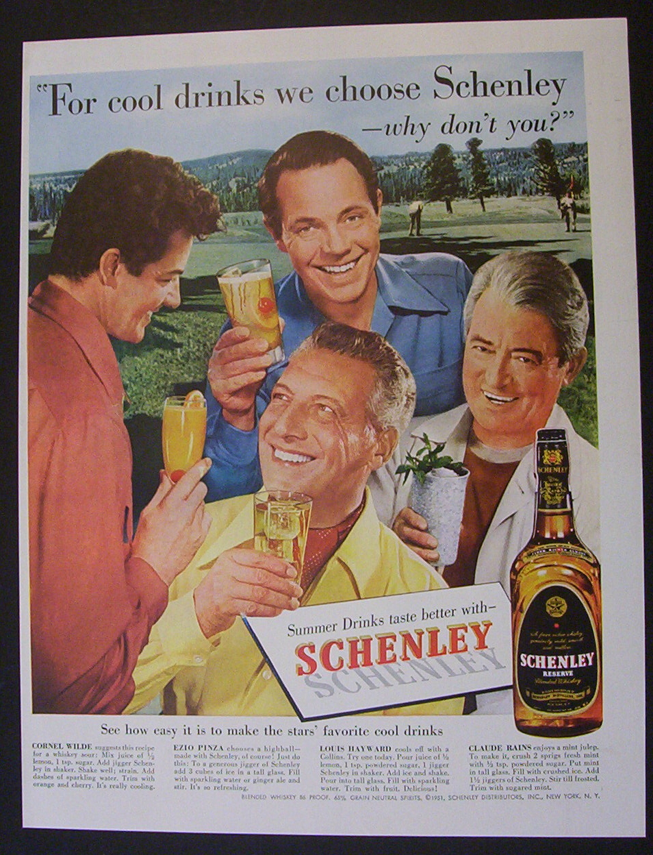 1951 Schenley Whiskey w/ Wilde, Pinza, Hayward & Rains