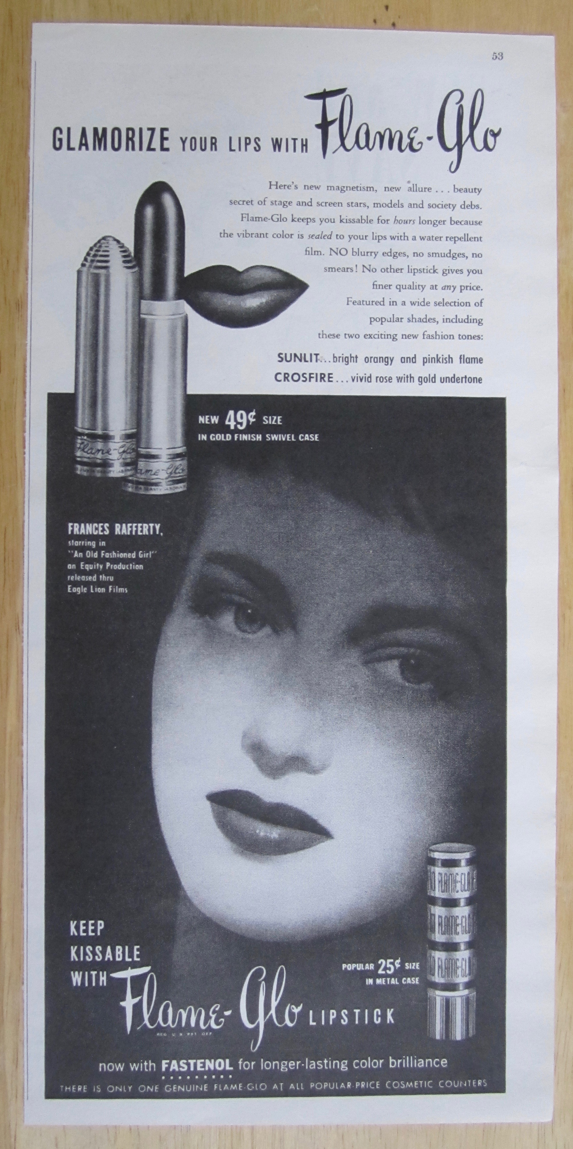 1949 Flame Glo Lipstick with Frances Rafferty