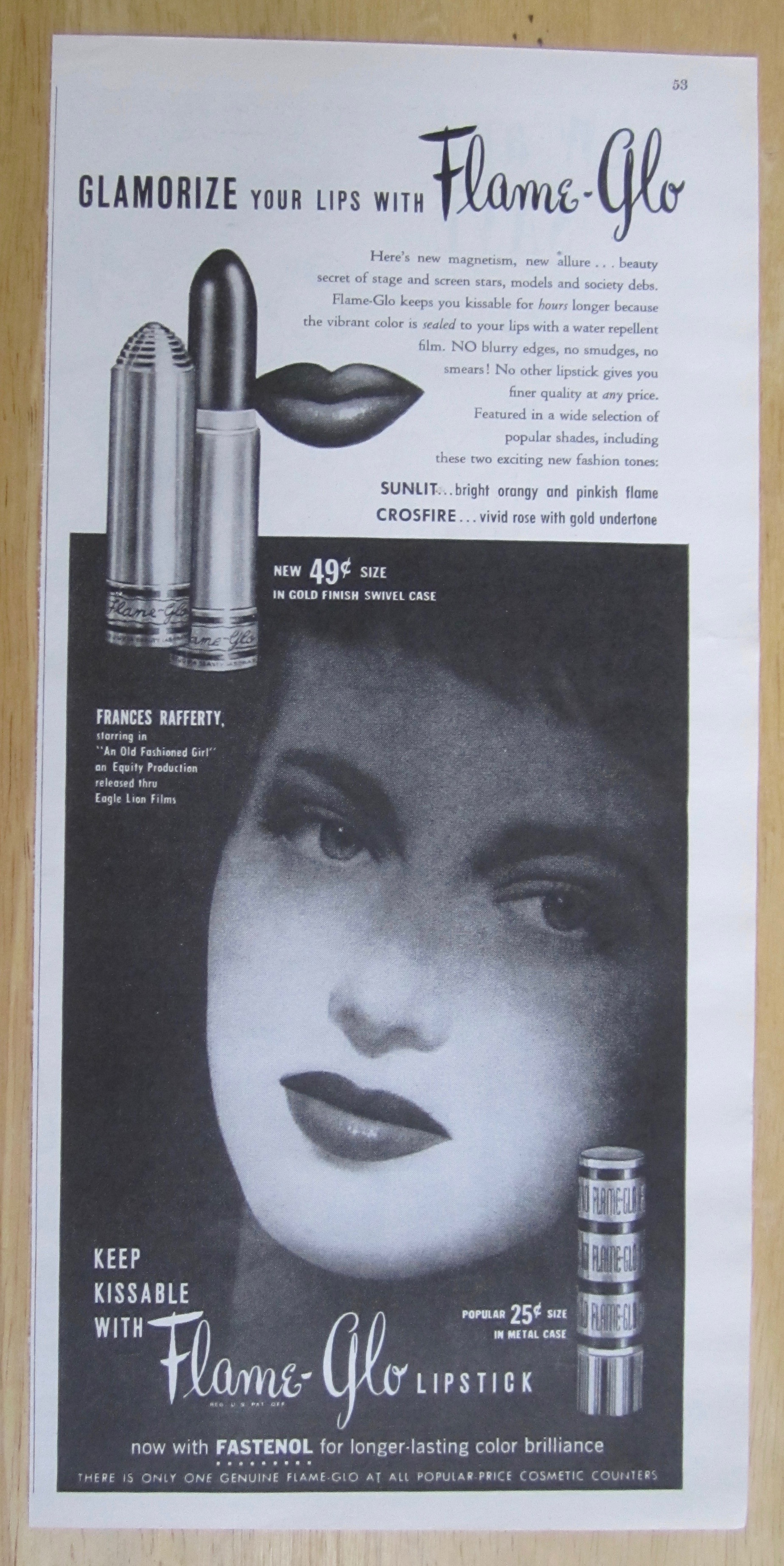 1949 Flame Glo Lipstick with Frances Rafferty