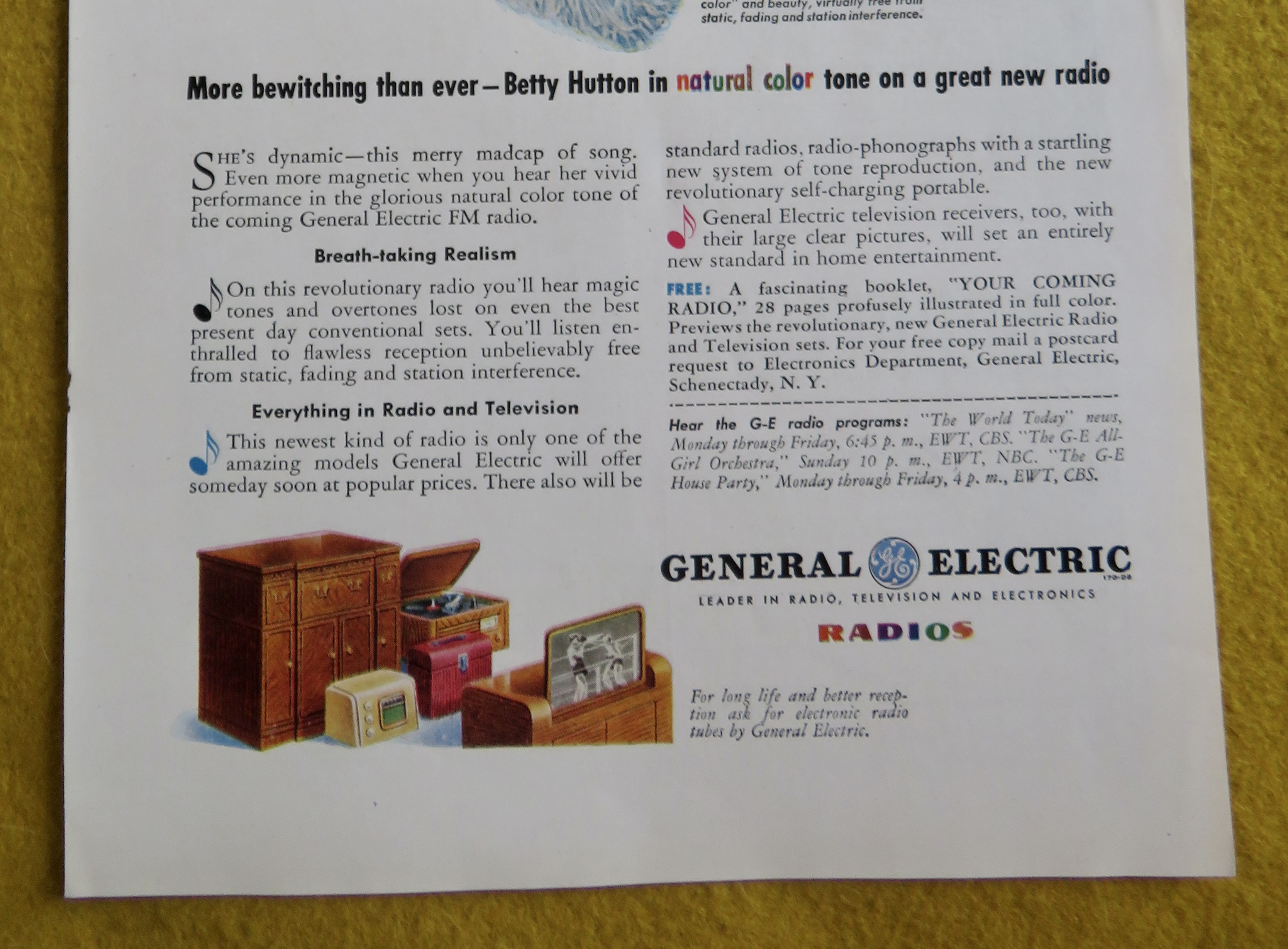 1945 General Electric Radio w/ Movie Star Betty Hutton
